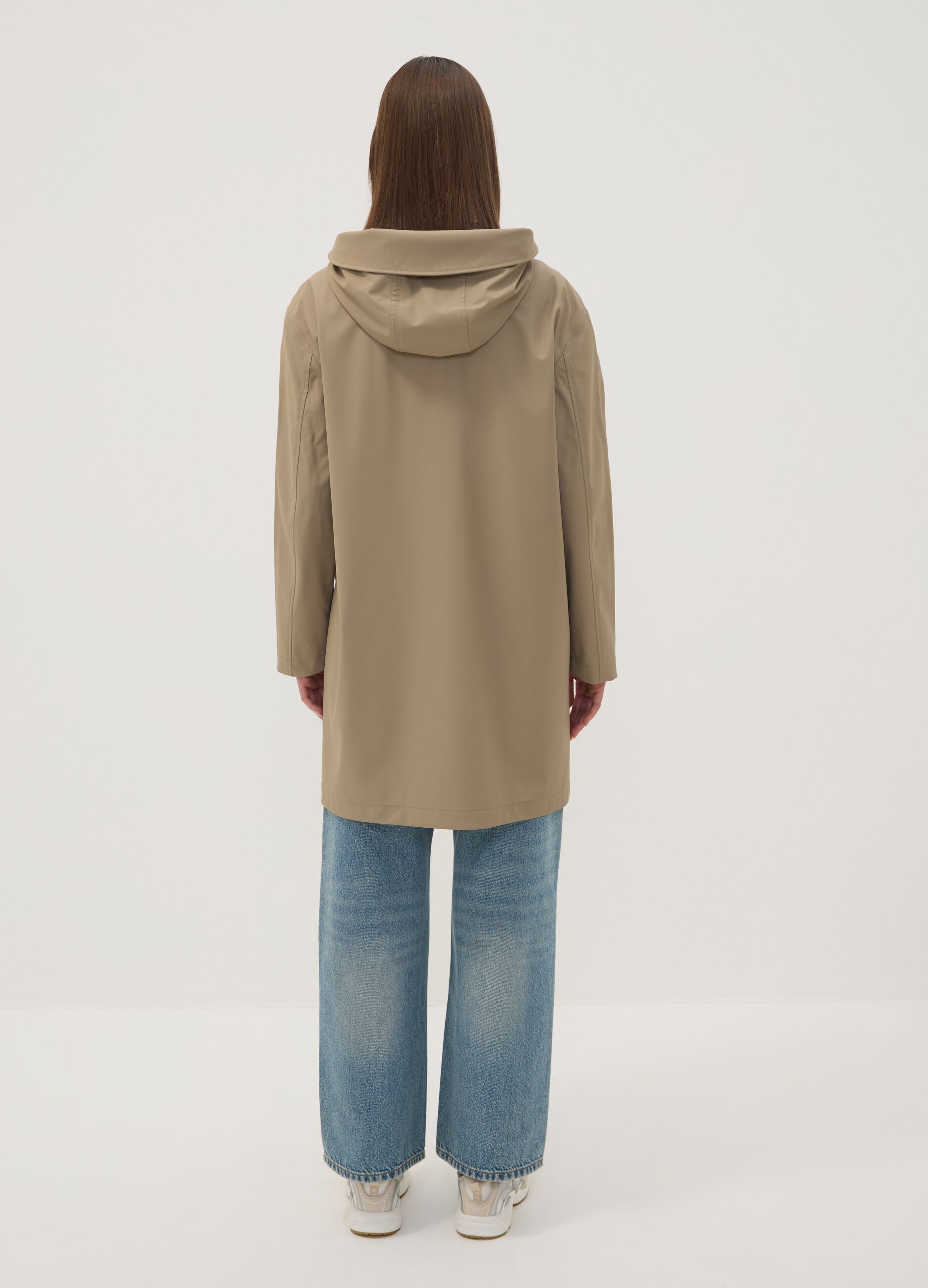 Beige long hooded jacket with zip