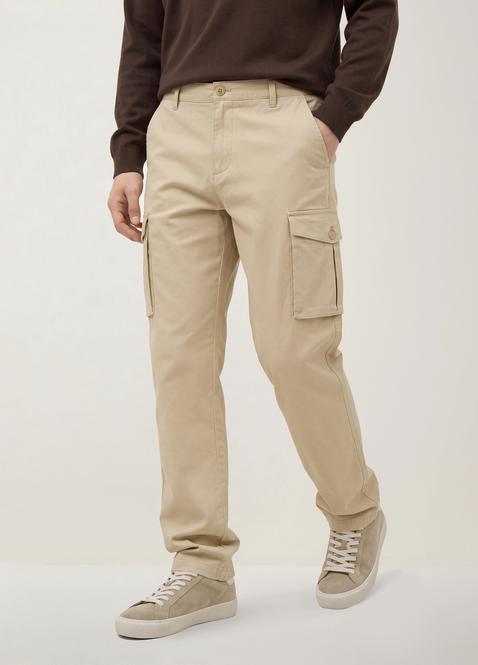 Pantaloni cargo beige in cotone elasticizzato slim fit