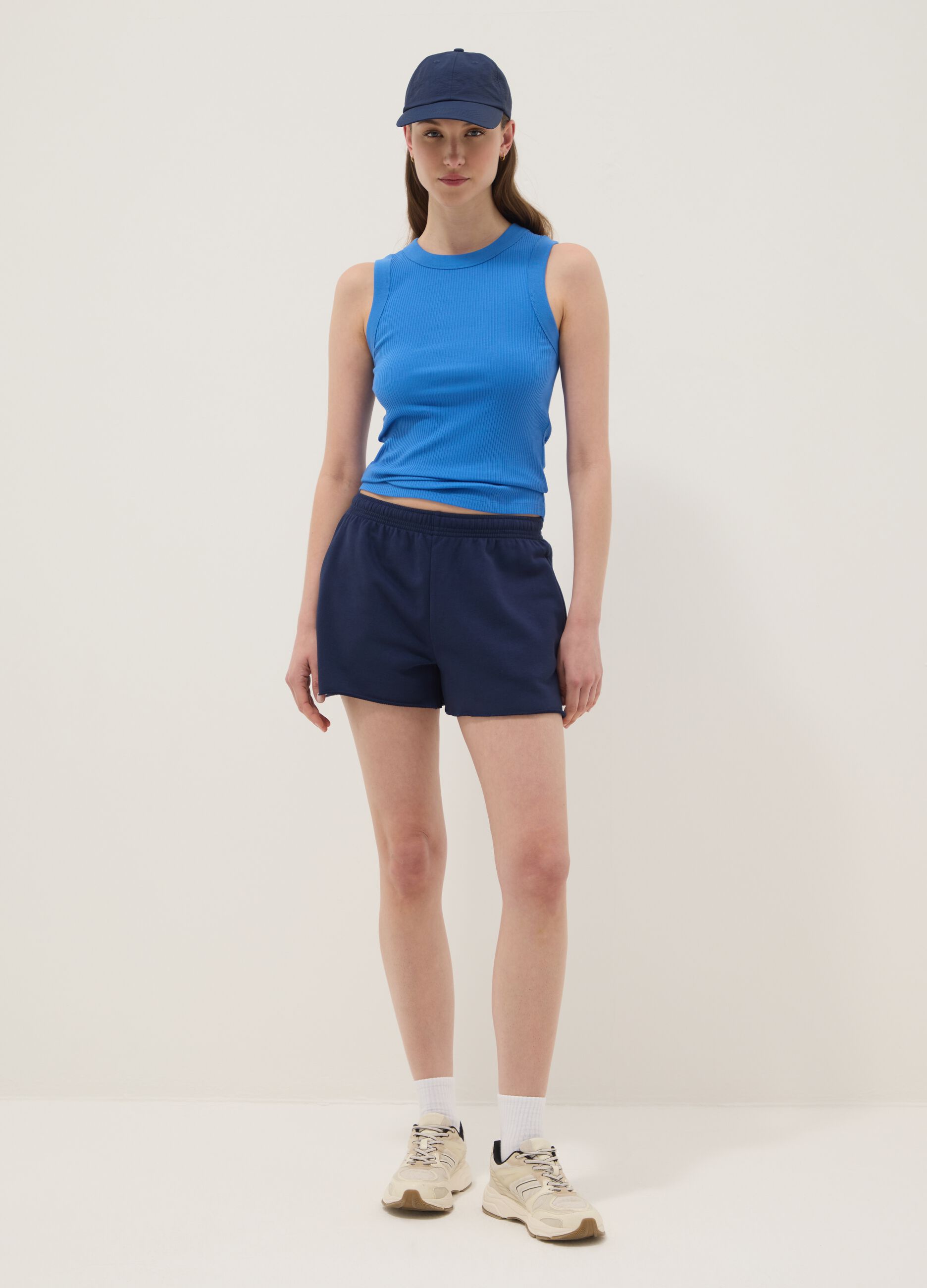 Blue fitted ribbed stretch-cotton tank top