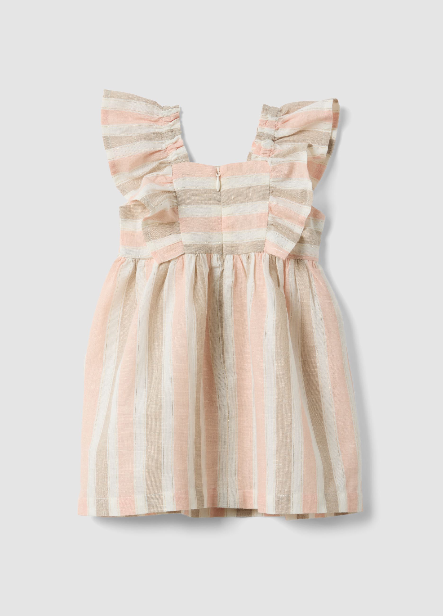 Pink striped cotton and linen-blend dress with ruffles