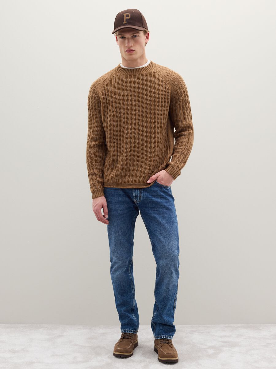 Brown crew-neck regular fit sweater with knitted pattern_2