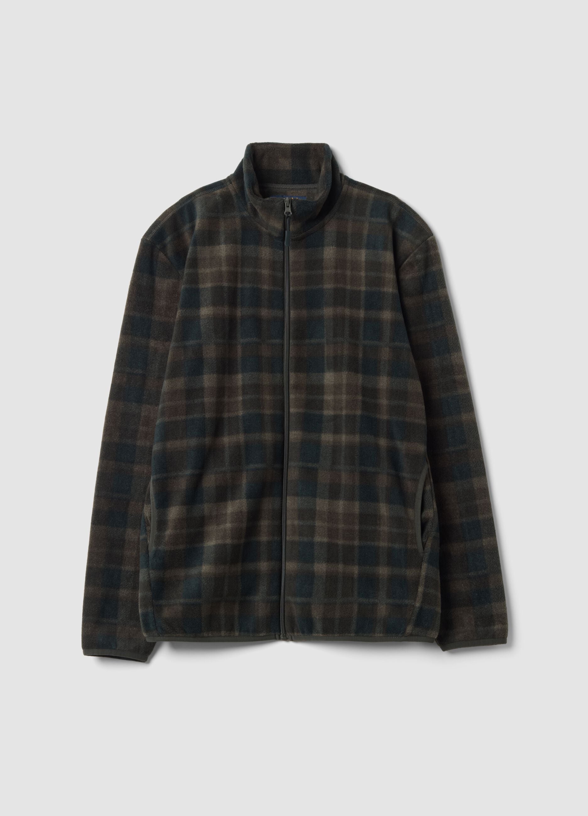 Green checked fleece sweatshirt with regular-fit collar