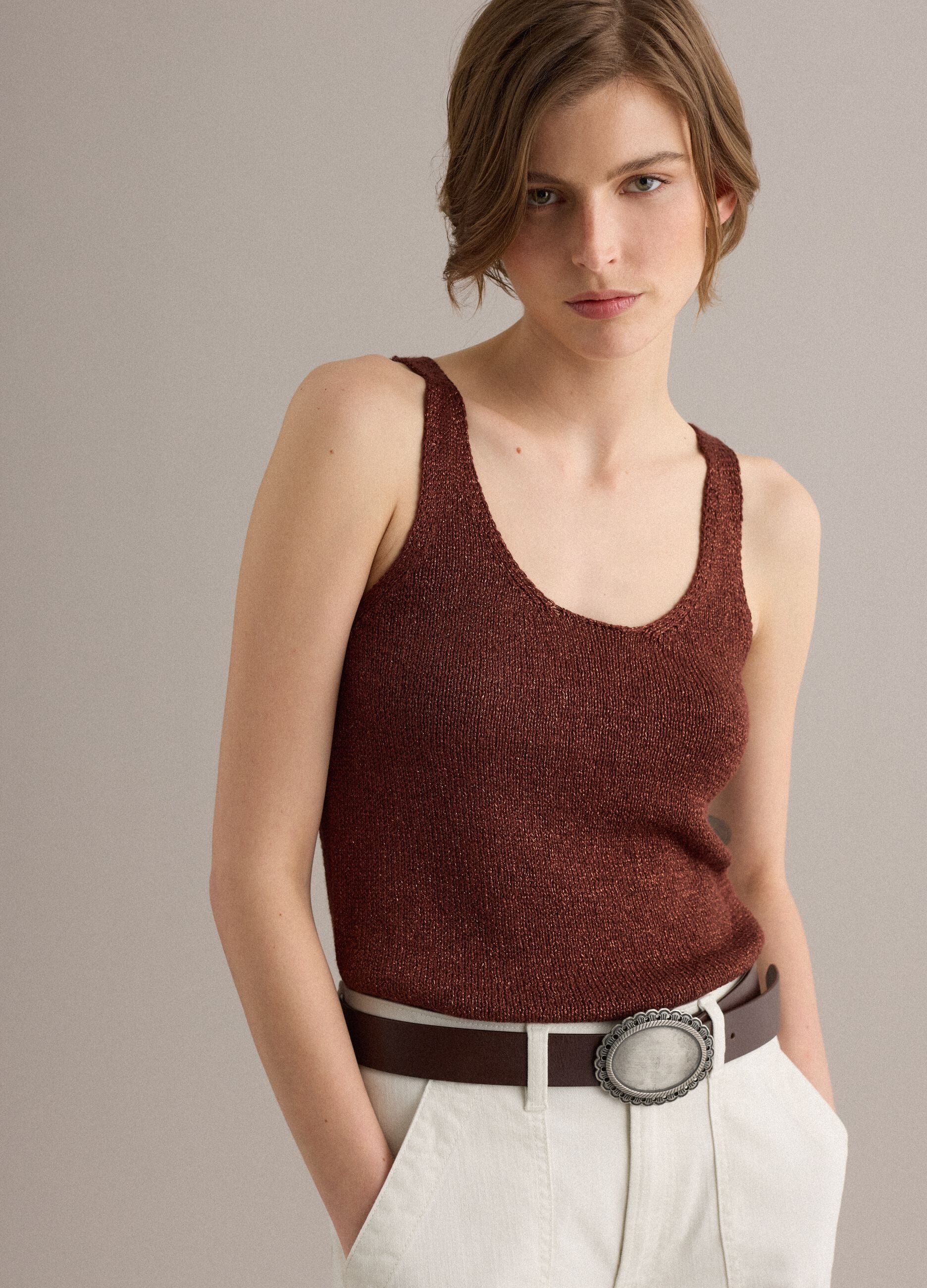 Brown viscose-blend regular-fit glitter tank top