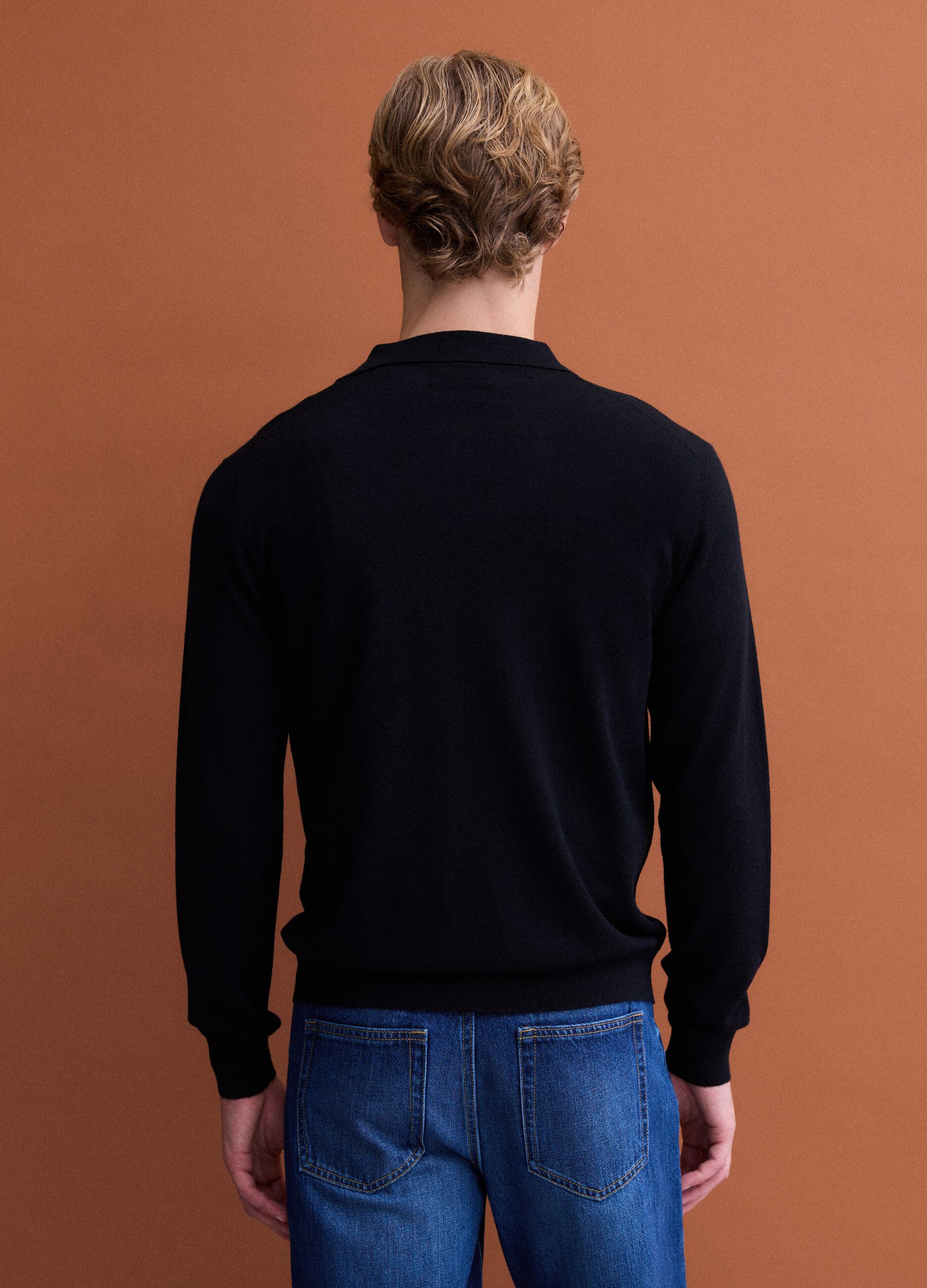 Black pure merino wool polo jumper with polo collar