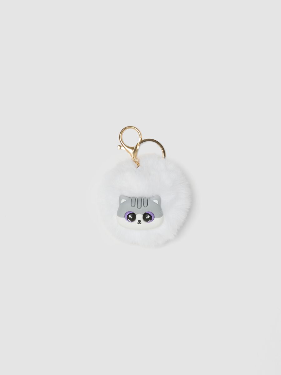 Portachiavi bianco con pompon e gattino per bambina_0