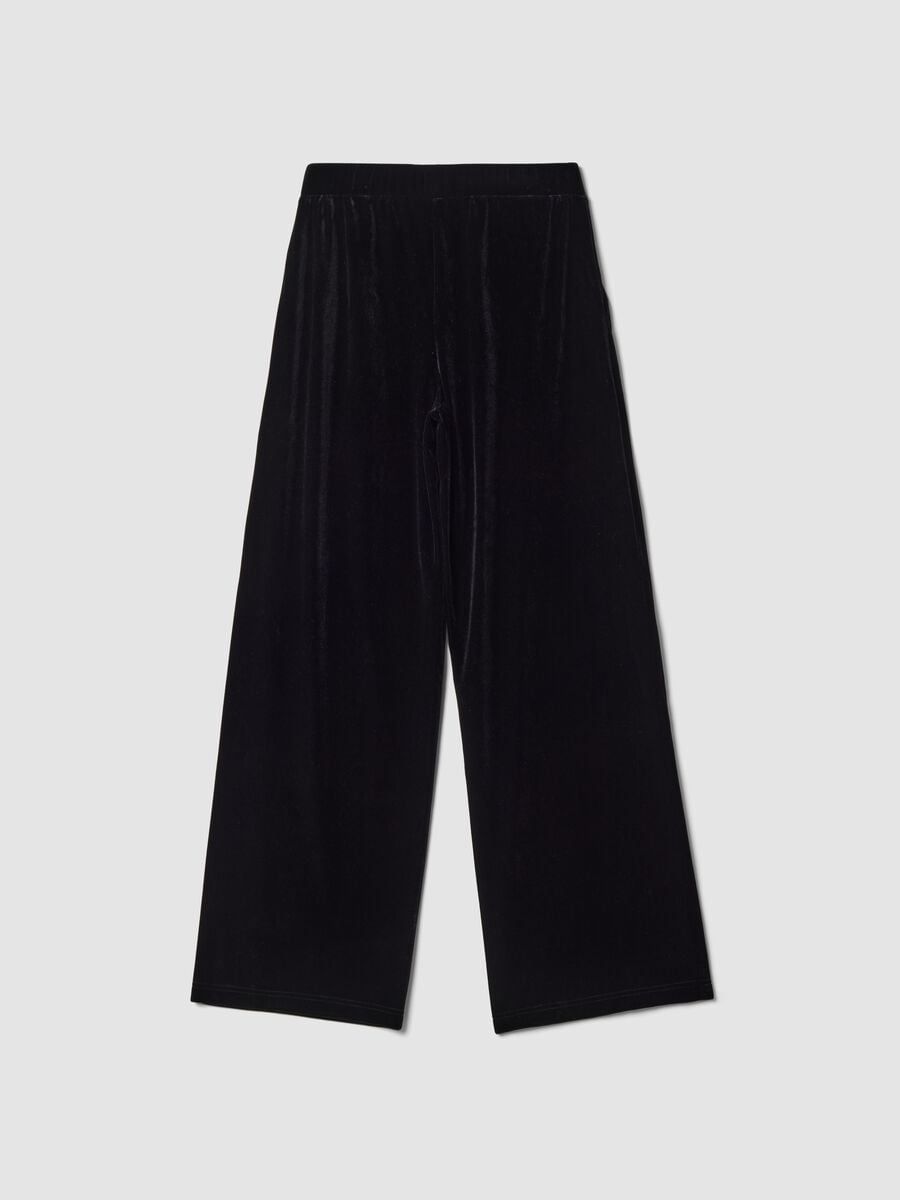 Pantaloni neri wide leg in tessuto velour elasticizzato_6