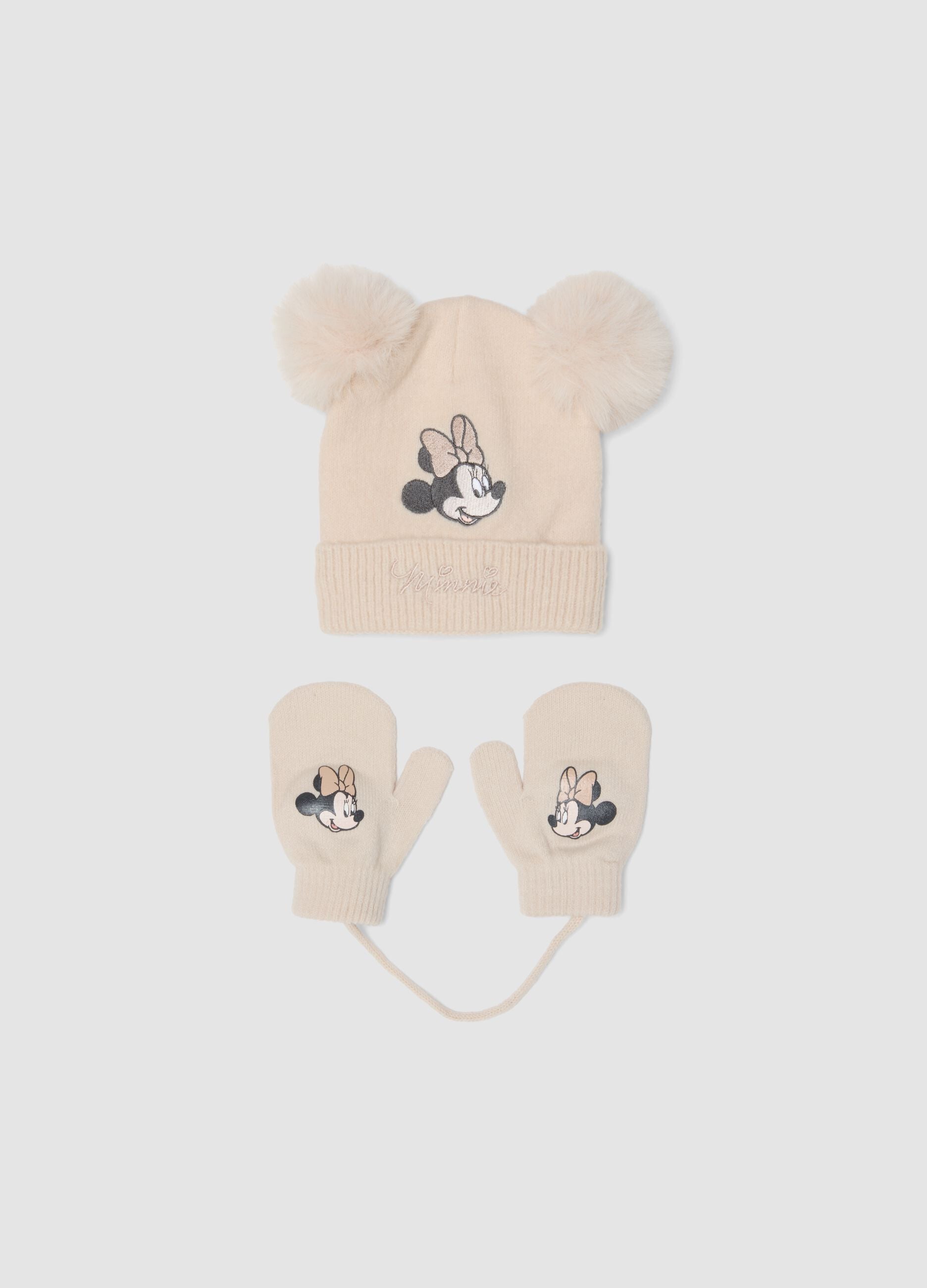 Beige stretchy fabric set with Minnie-themed hat and mittens