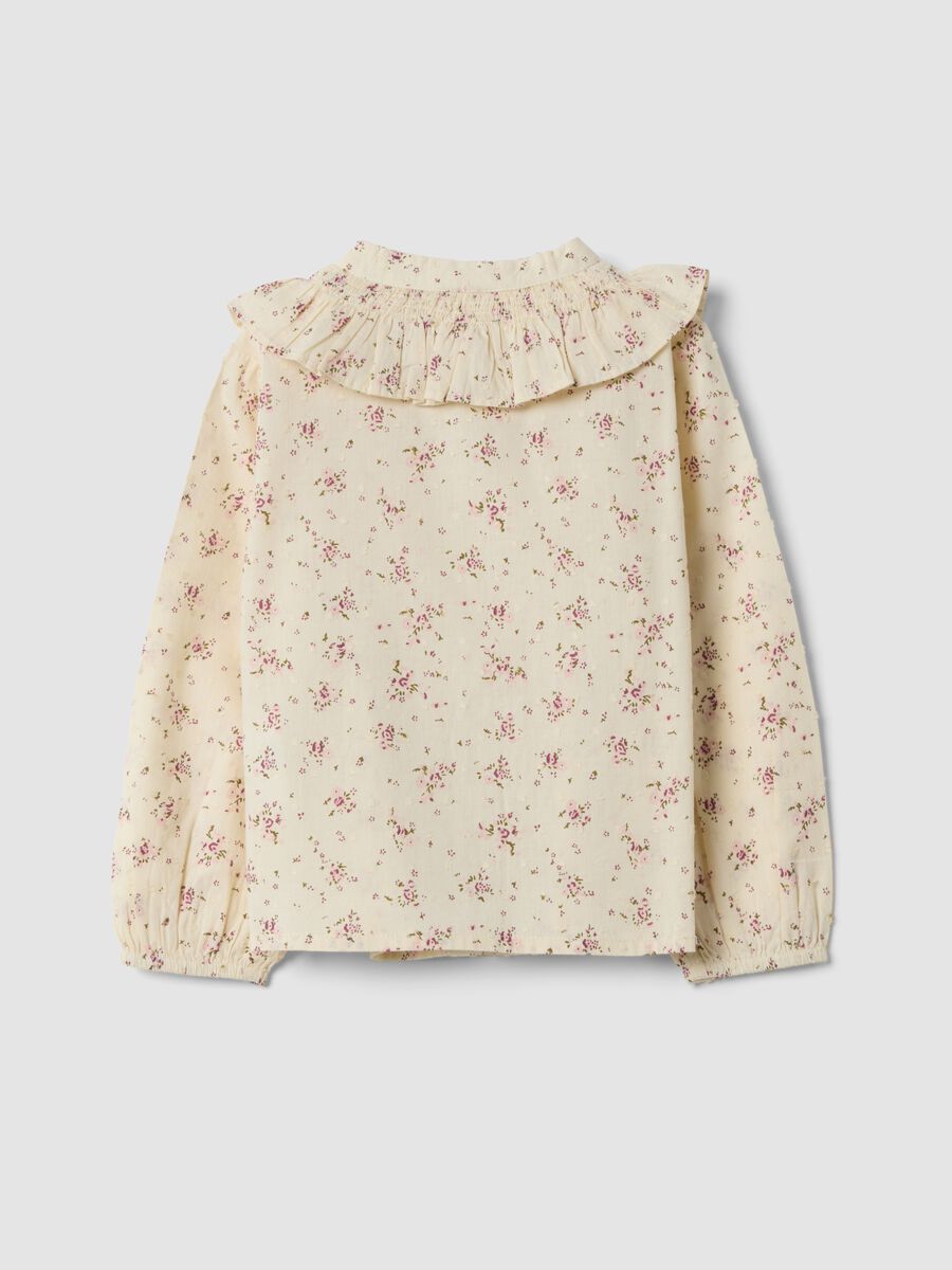 Camicia crema in puro cotone con stampa floreale rosa chiaro e verde oliva_1