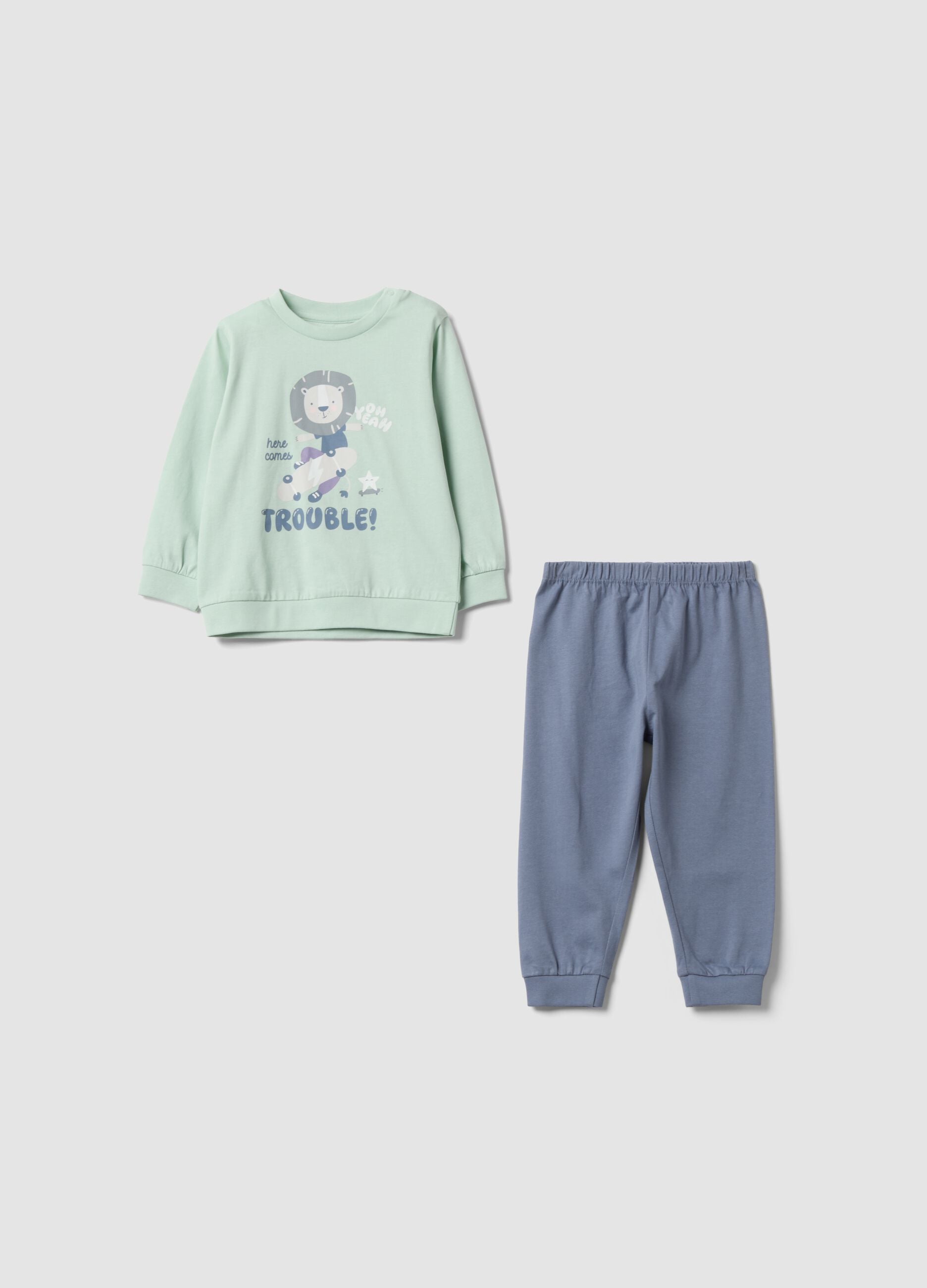 Pijama comprido verde com estampado em jersey de algod&atilde;o org&acirc;nico para beb&eacute; e crian&ccedil;a