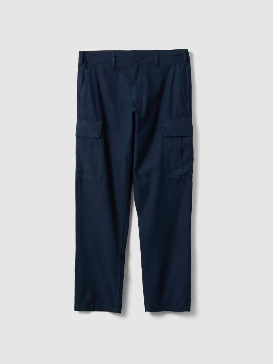 Blue regular-fit linen and cotton blend cargo trousers_4