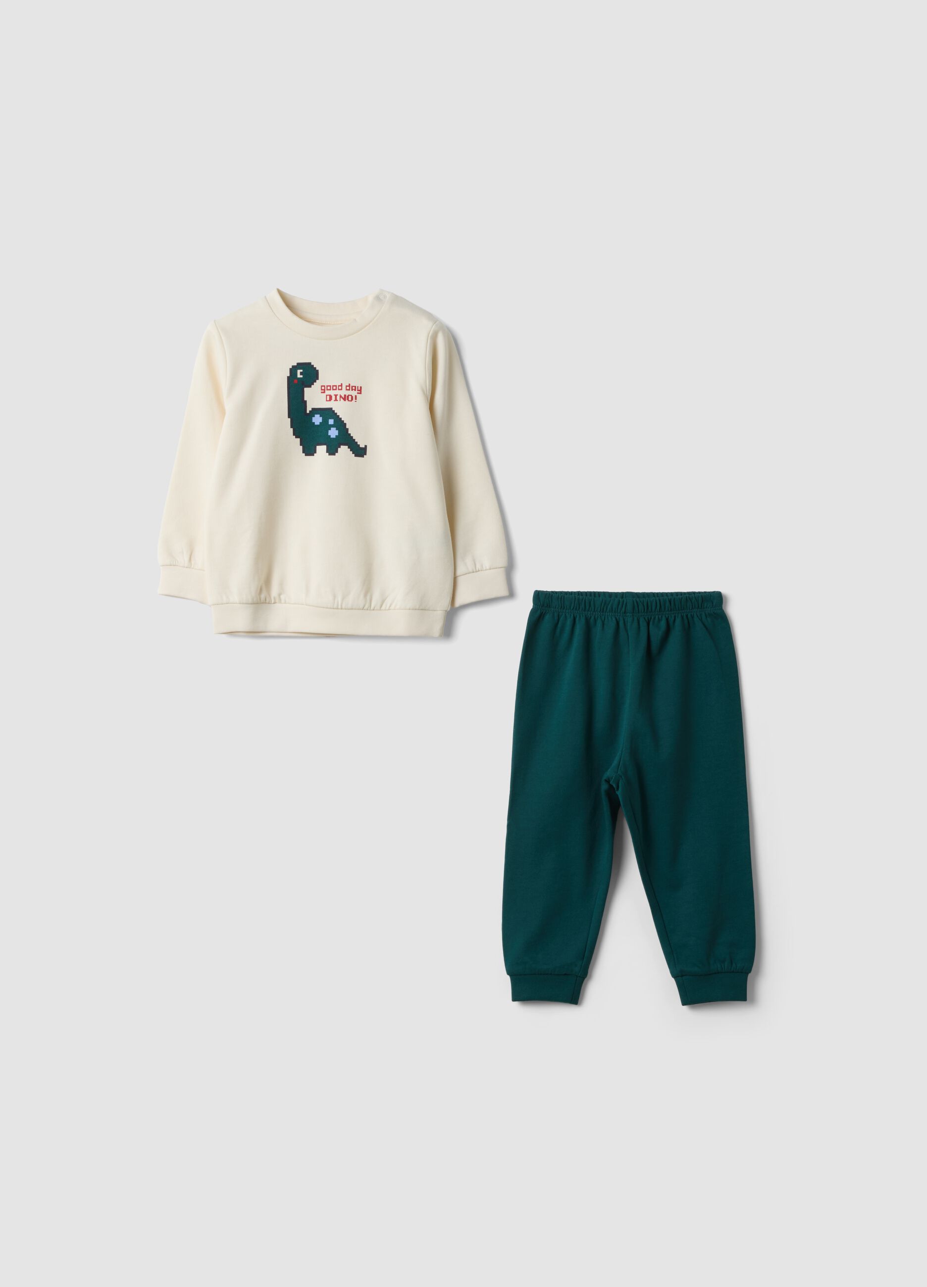 Pijama verde em algod&atilde;o org&acirc;nico puro com gola redonda