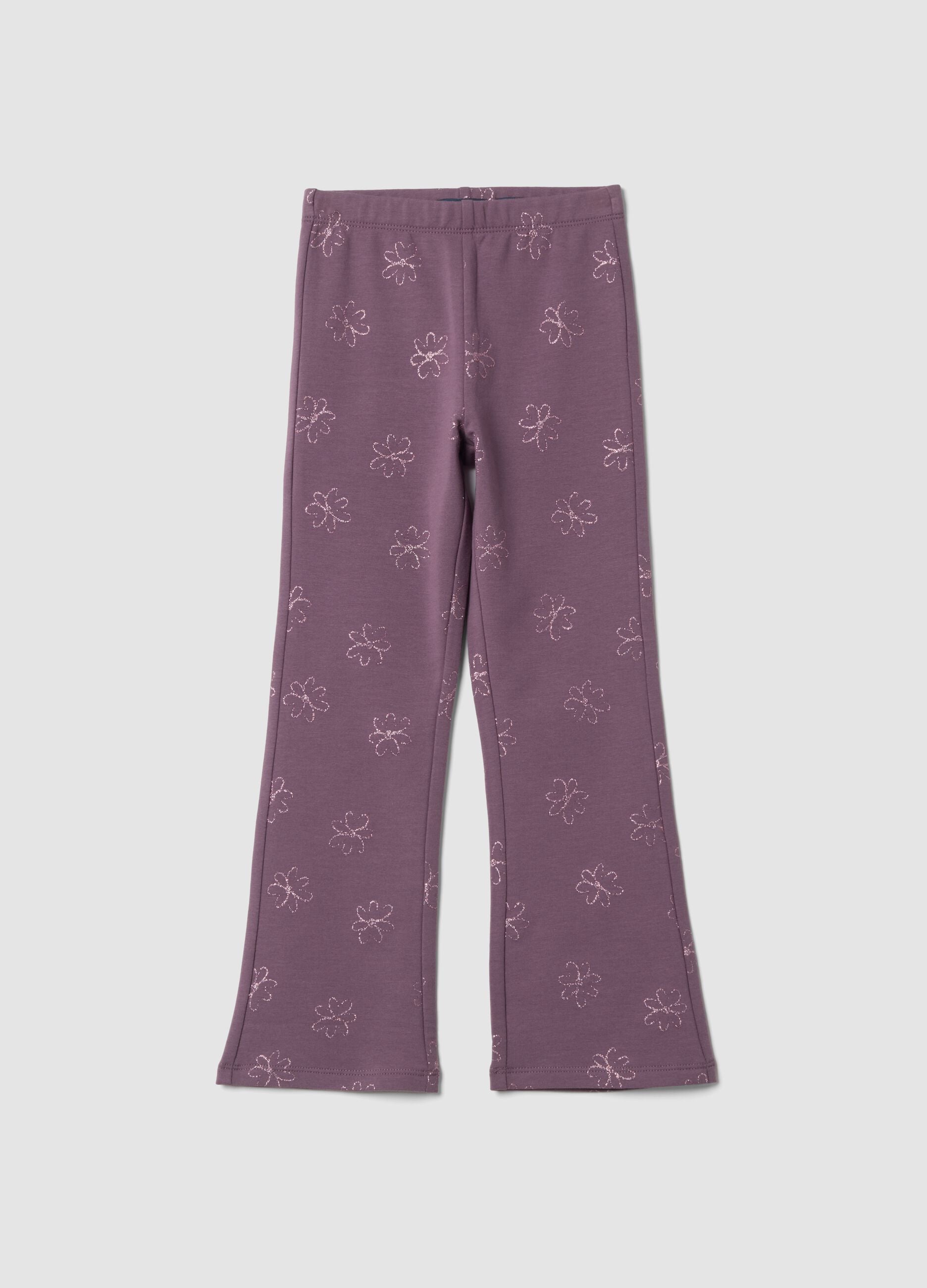 Leggings viola in cotone organico elasticizzato a fiori skinny fit