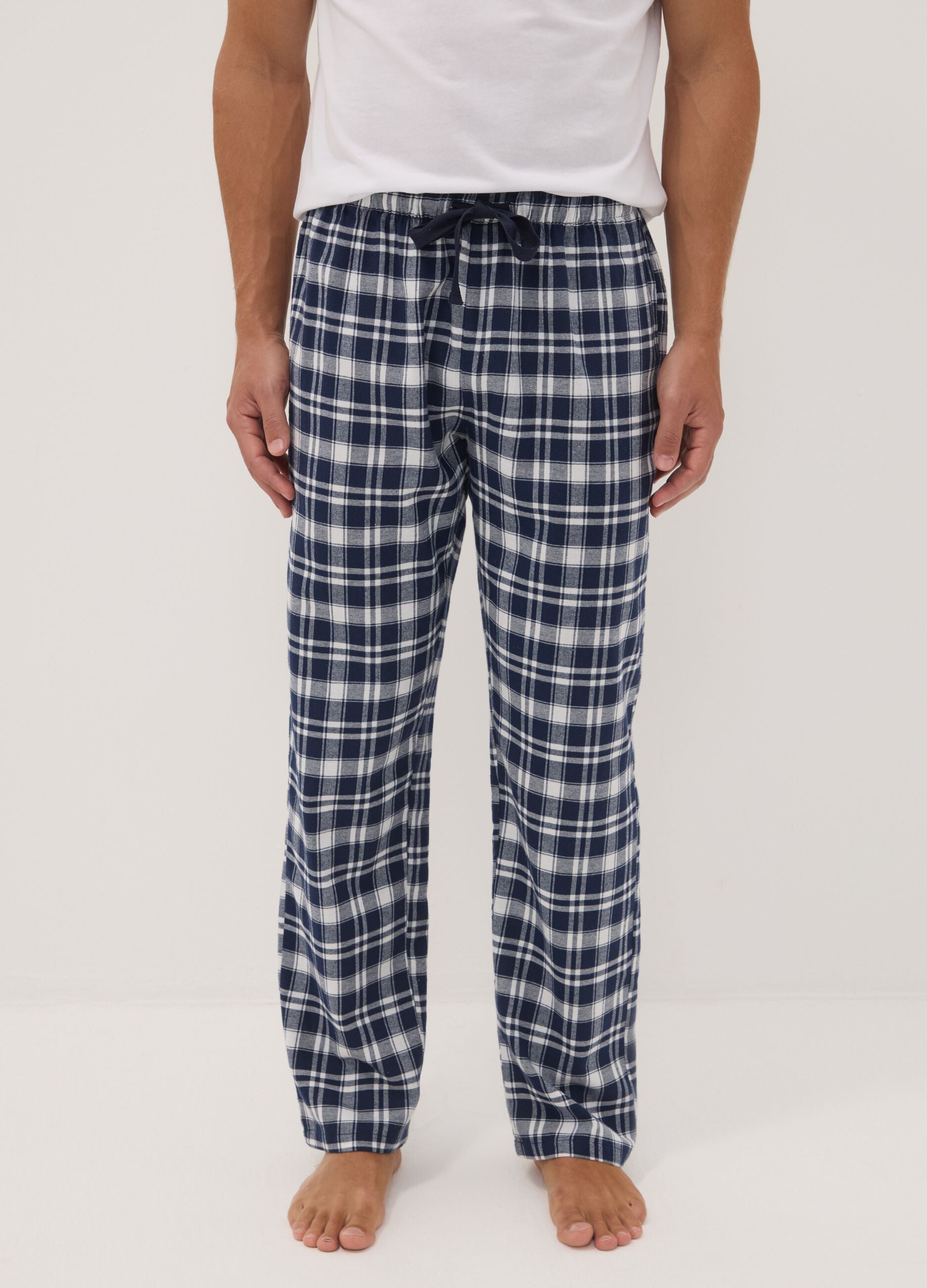 White and blue checked organic cotton flannel pyjama trousers