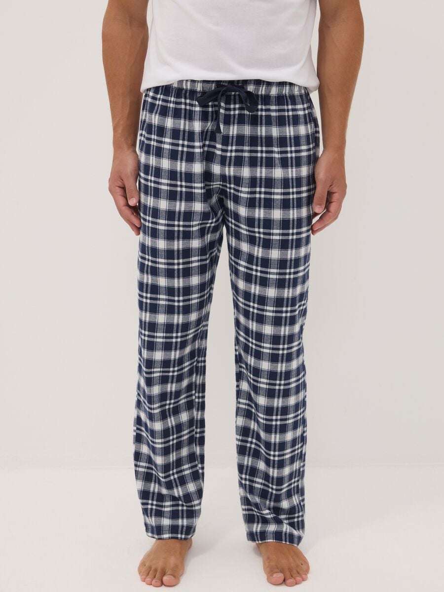 White and blue checked organic cotton flannel pyjama trousers_1