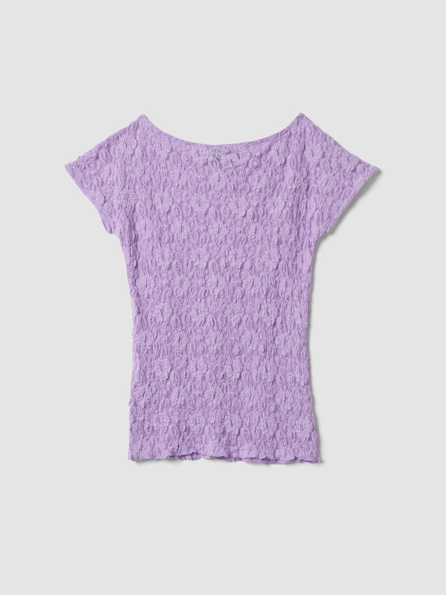 Violettes Stretch-T-Shirt mit floraler Reliefstruktur_1