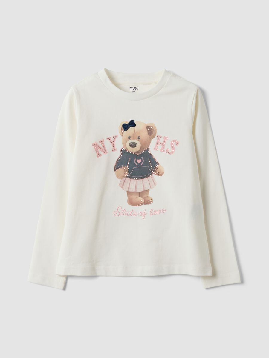 White stretch cotton T-shirt with teddy bear print for girls_0