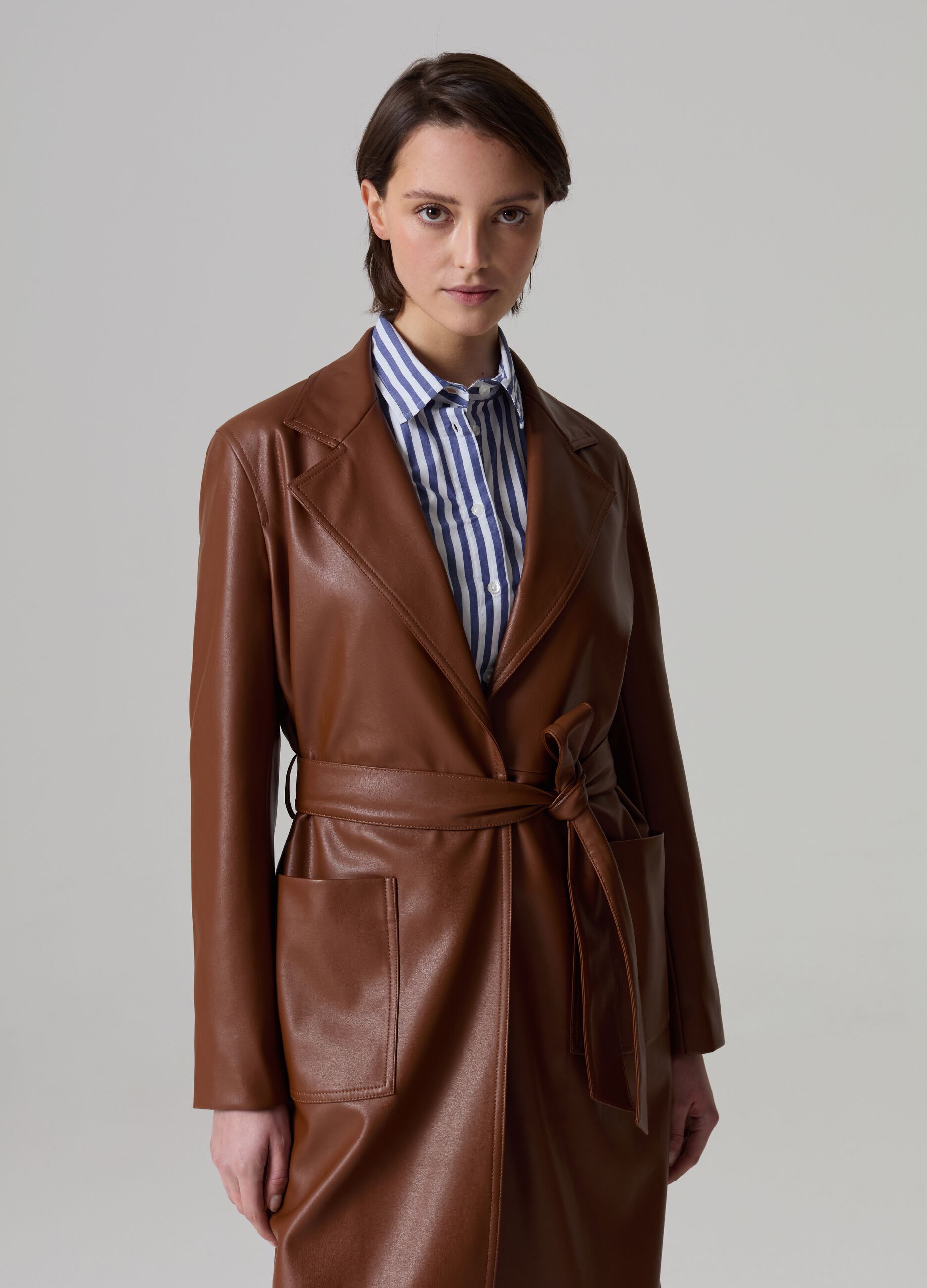 Long glossy-effect trench coat with belt