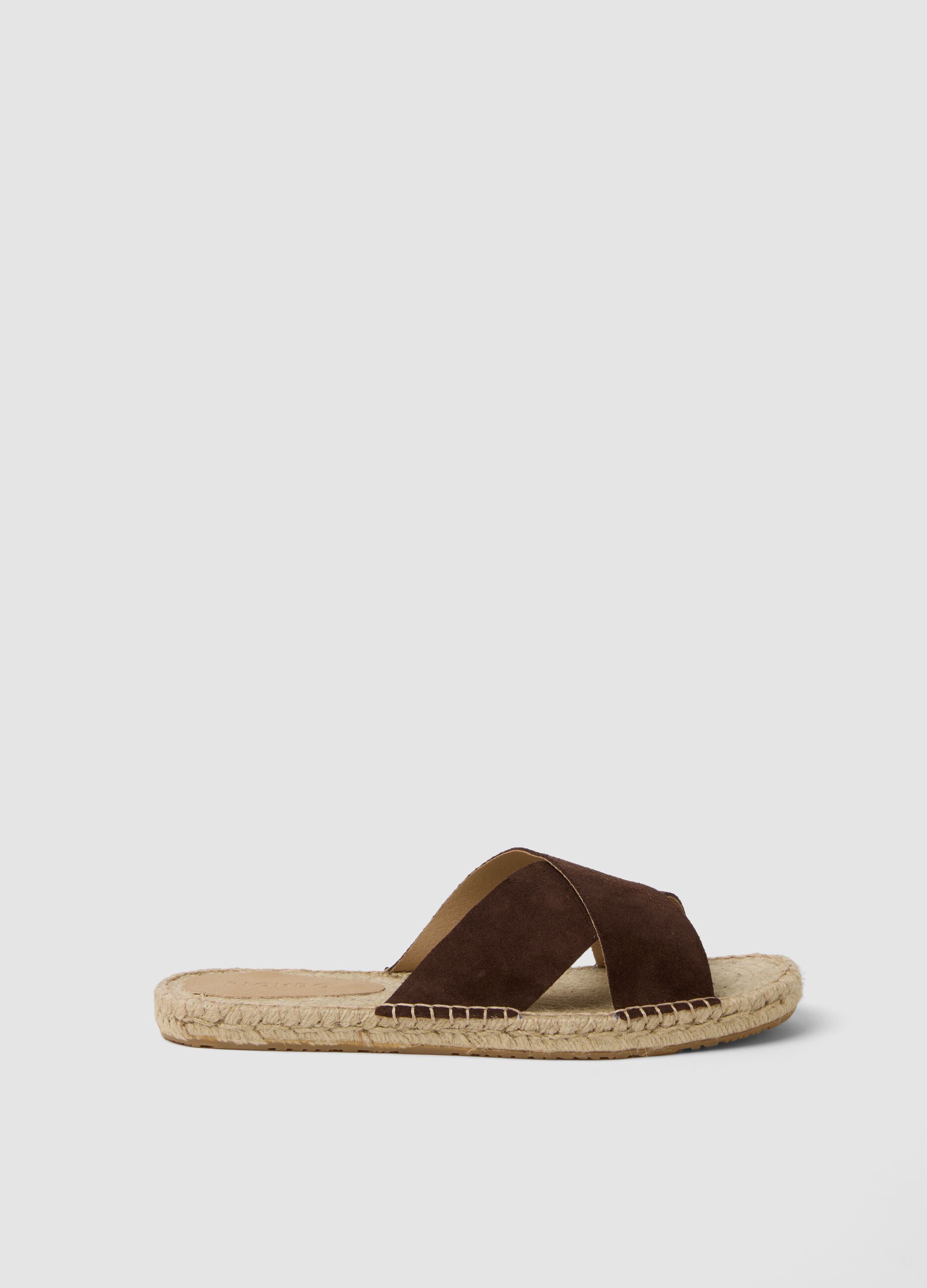 Brown genuine leather slides