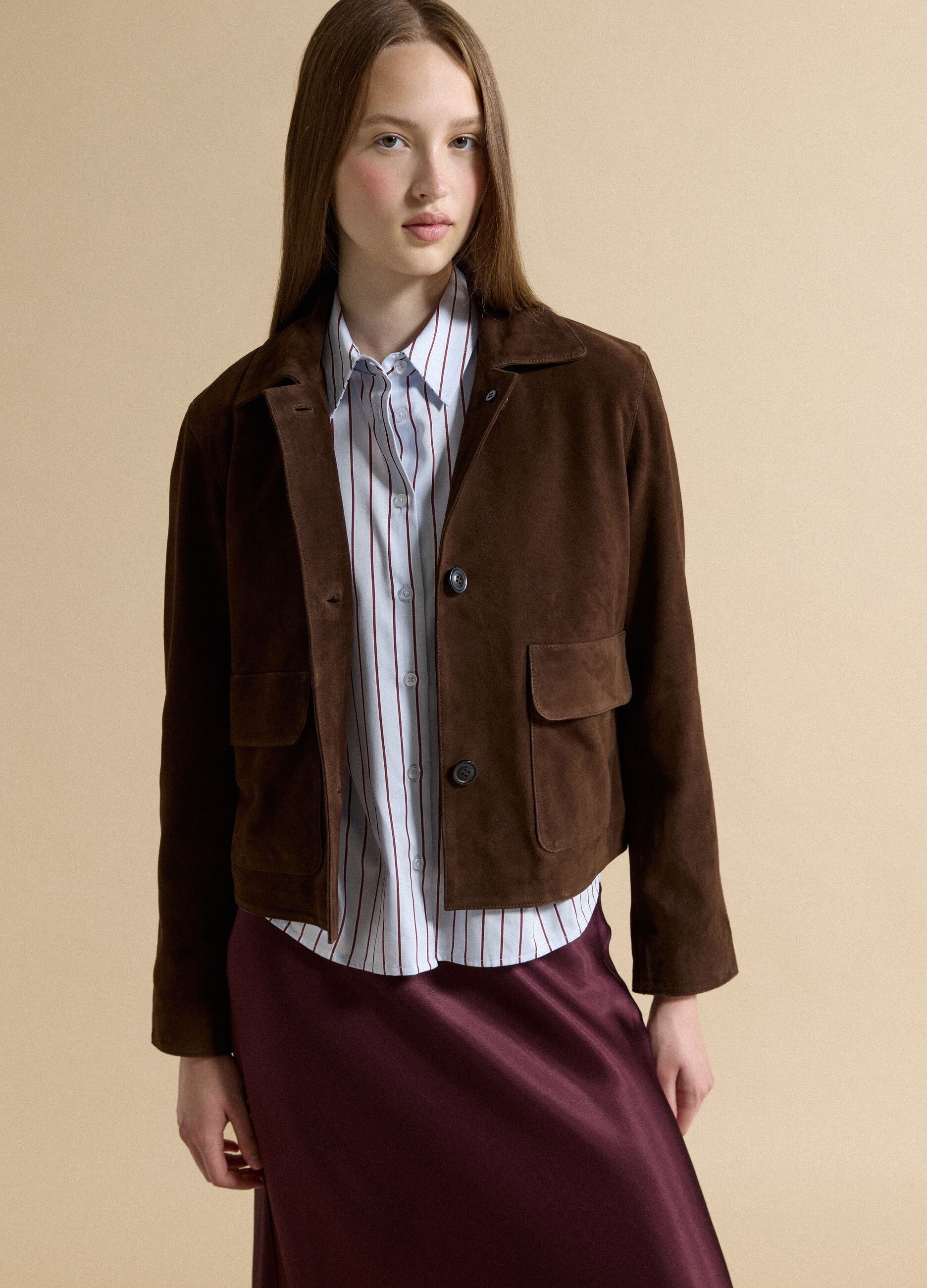 Brown Genuine Leather Blazer with Regular Fit and Classic Lapels