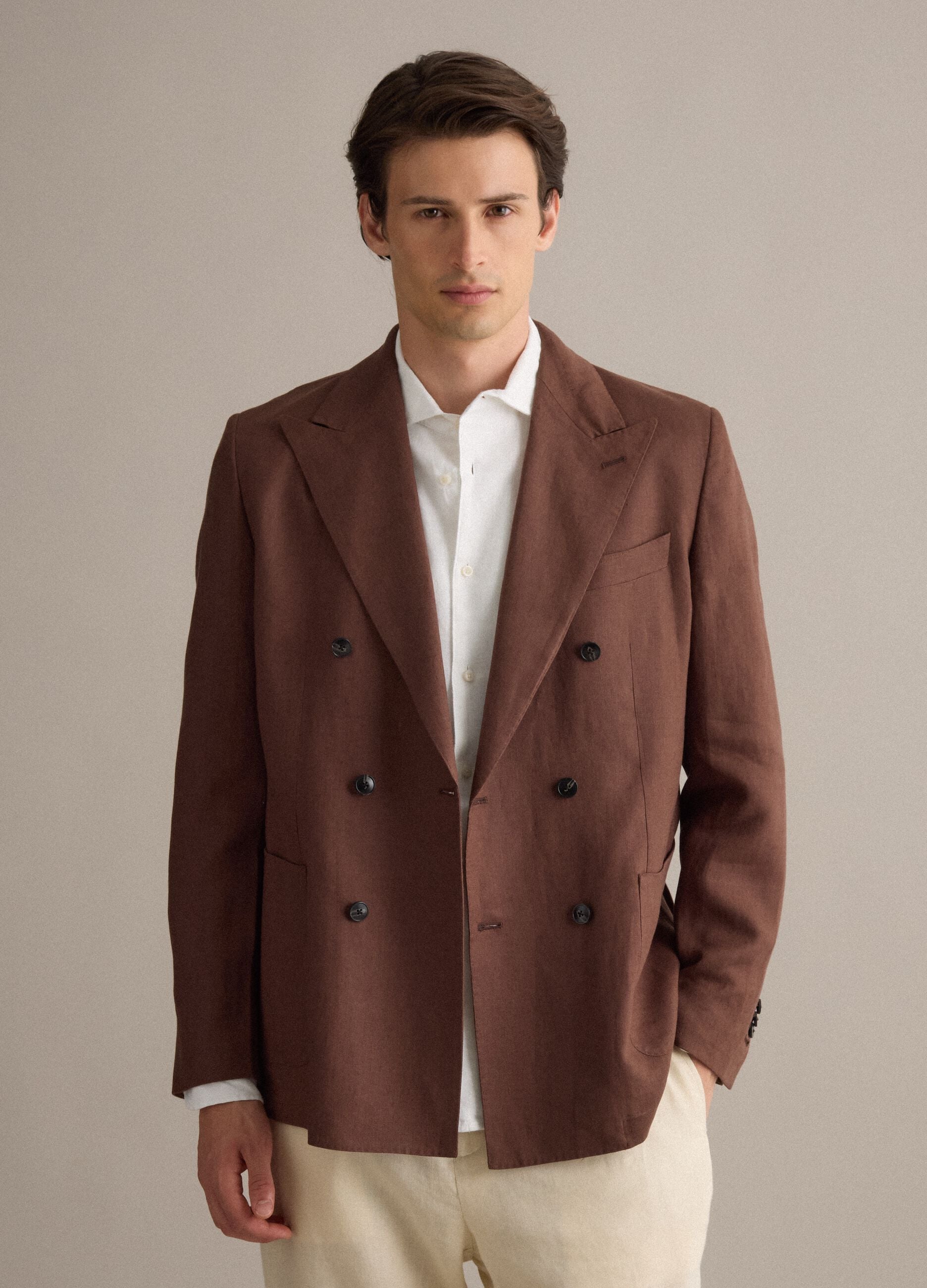 Brown Pure Linen Regular Fit Blazer