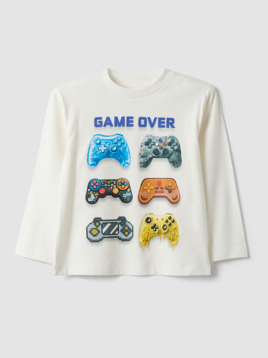 White pure cotton crew-neck T-shirt with gaming print_0