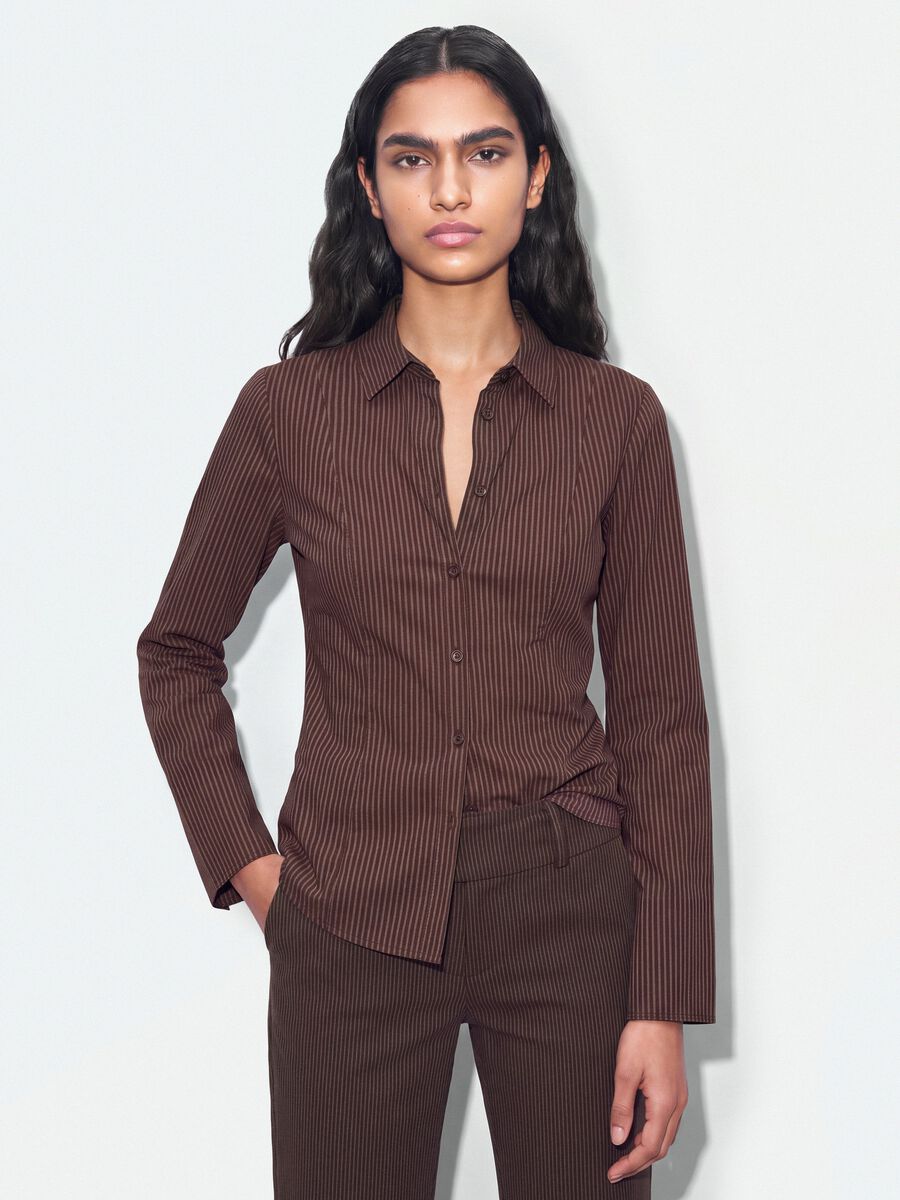 Brown striped slim-fit pure cotton poplin shirt_0