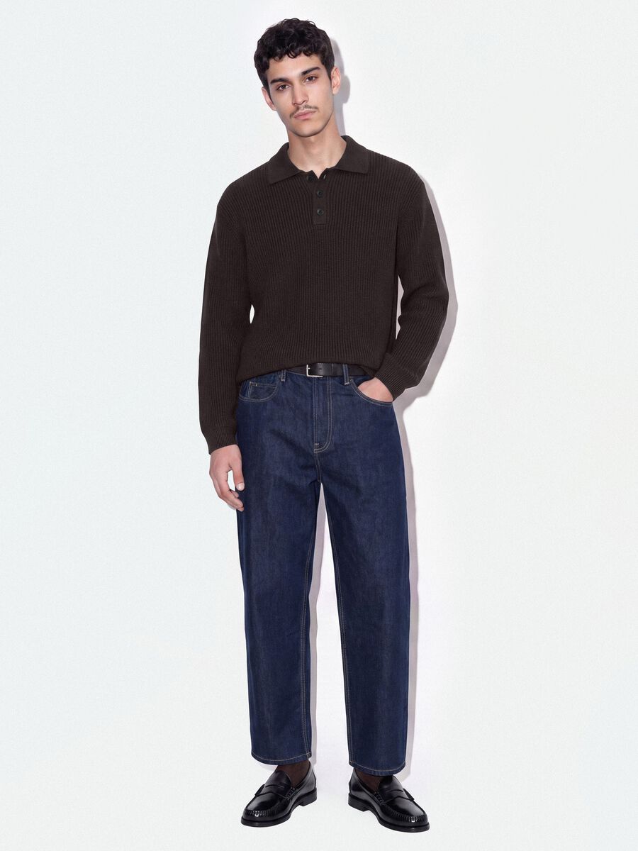 Brown pure cotton polo-collar jumper in oversized fit_1