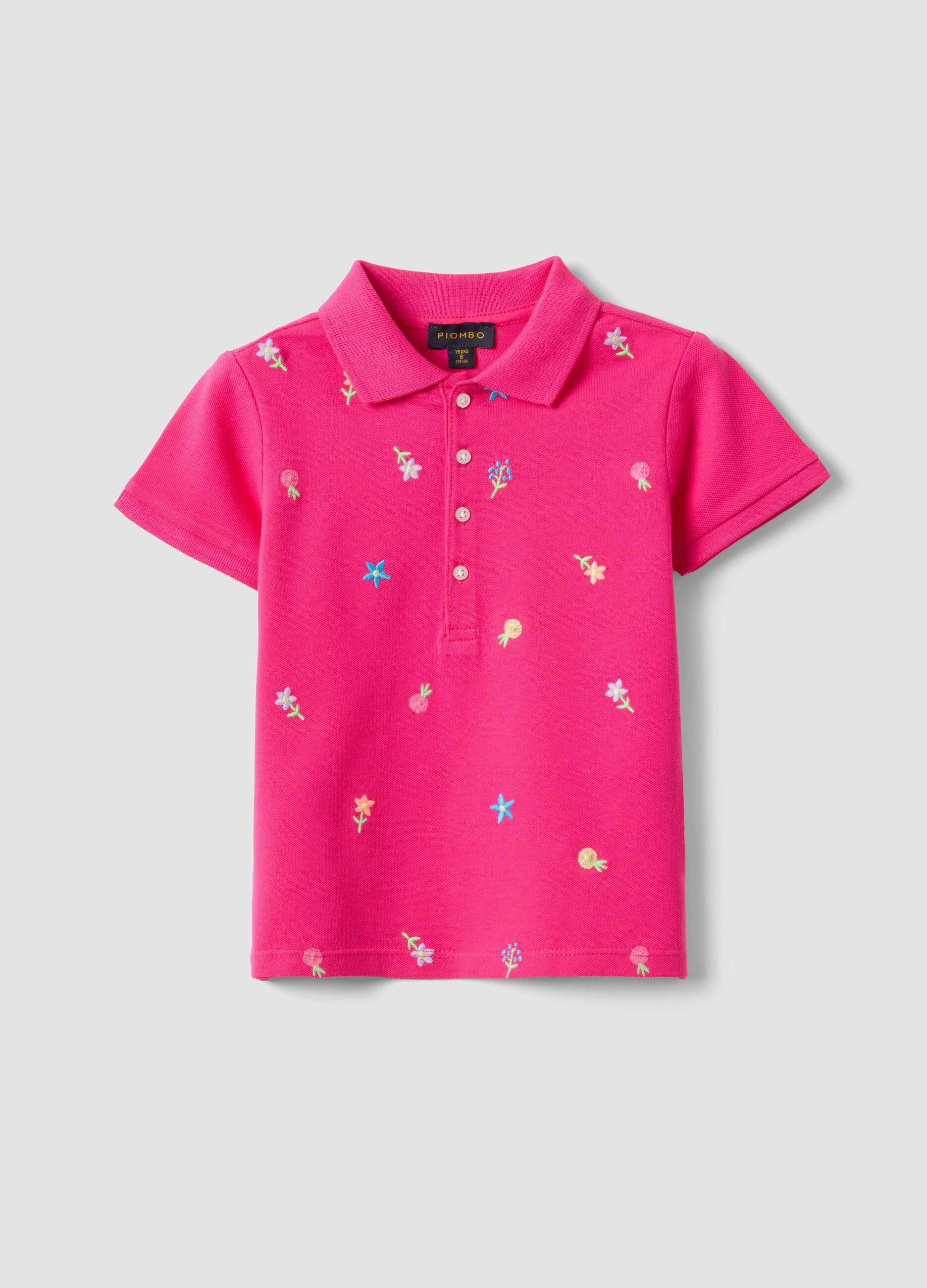 Girls' regular fit pure cotton pink polo with embroidered flowers