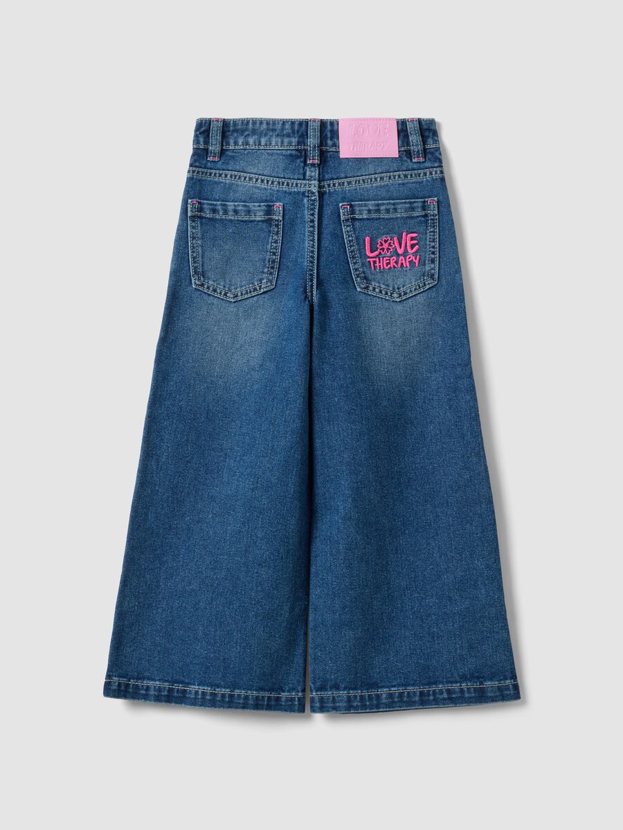 Blue wide-leg pure cotton jeans with floral print for girls_1