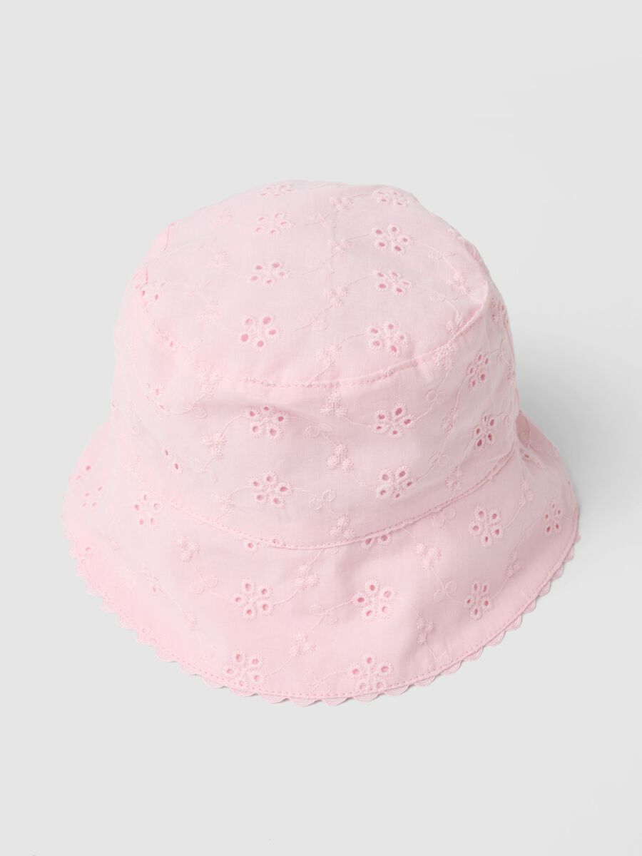 Girls' pink pure cotton bucket hat with floral embroidery_1