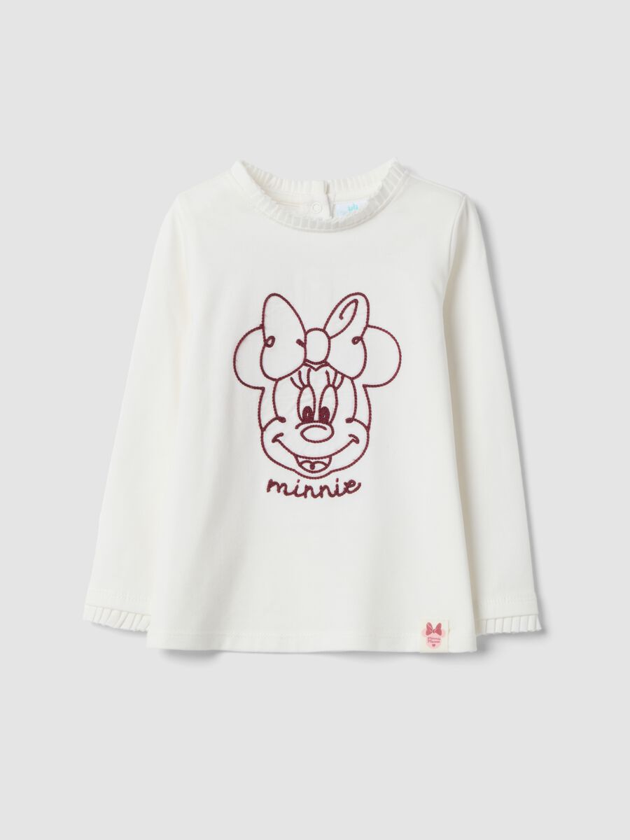 White stretch organic cotton T-shirt with Minnie embroidery_0