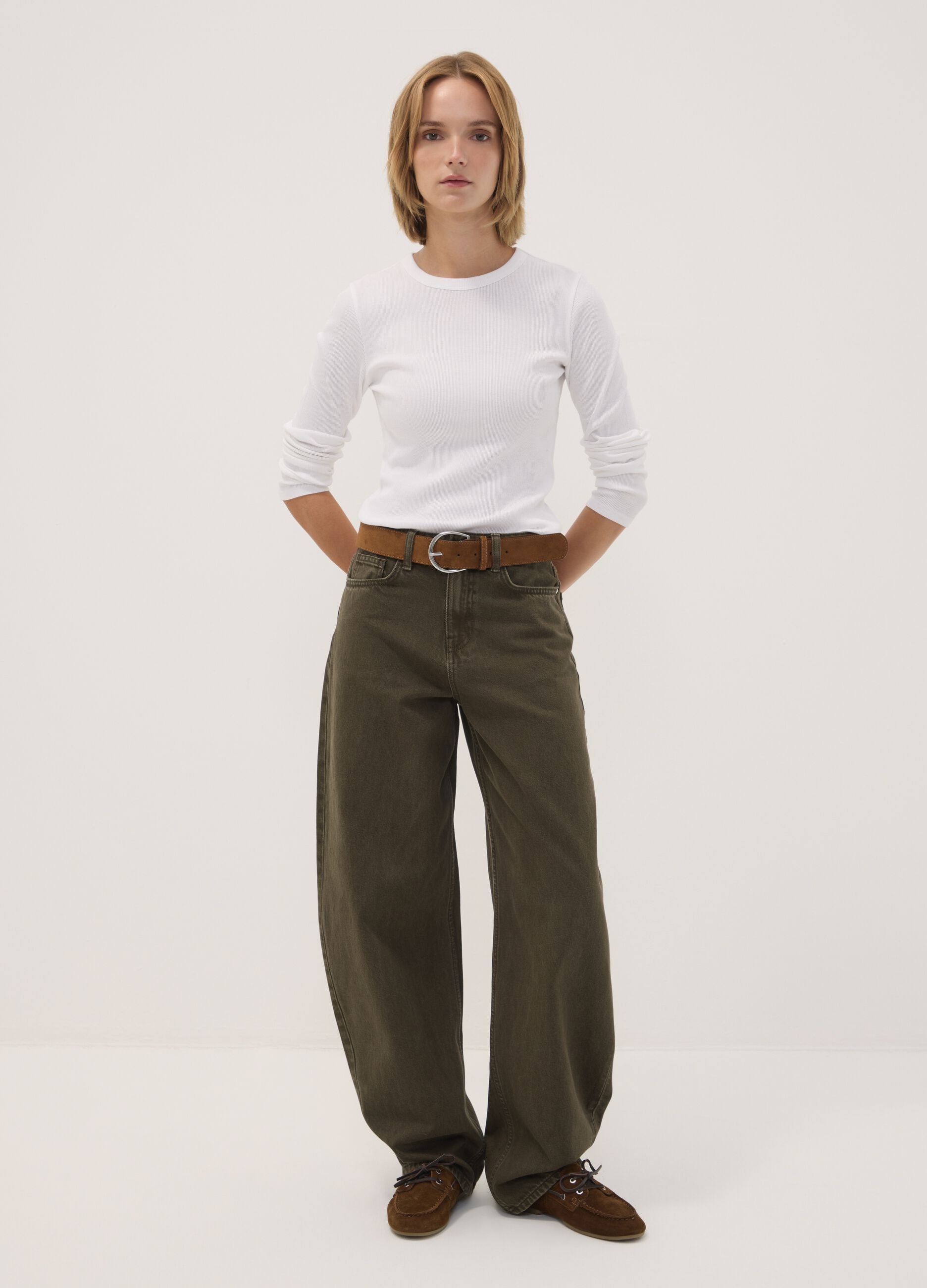 Green pure cotton barrel-fit jeans