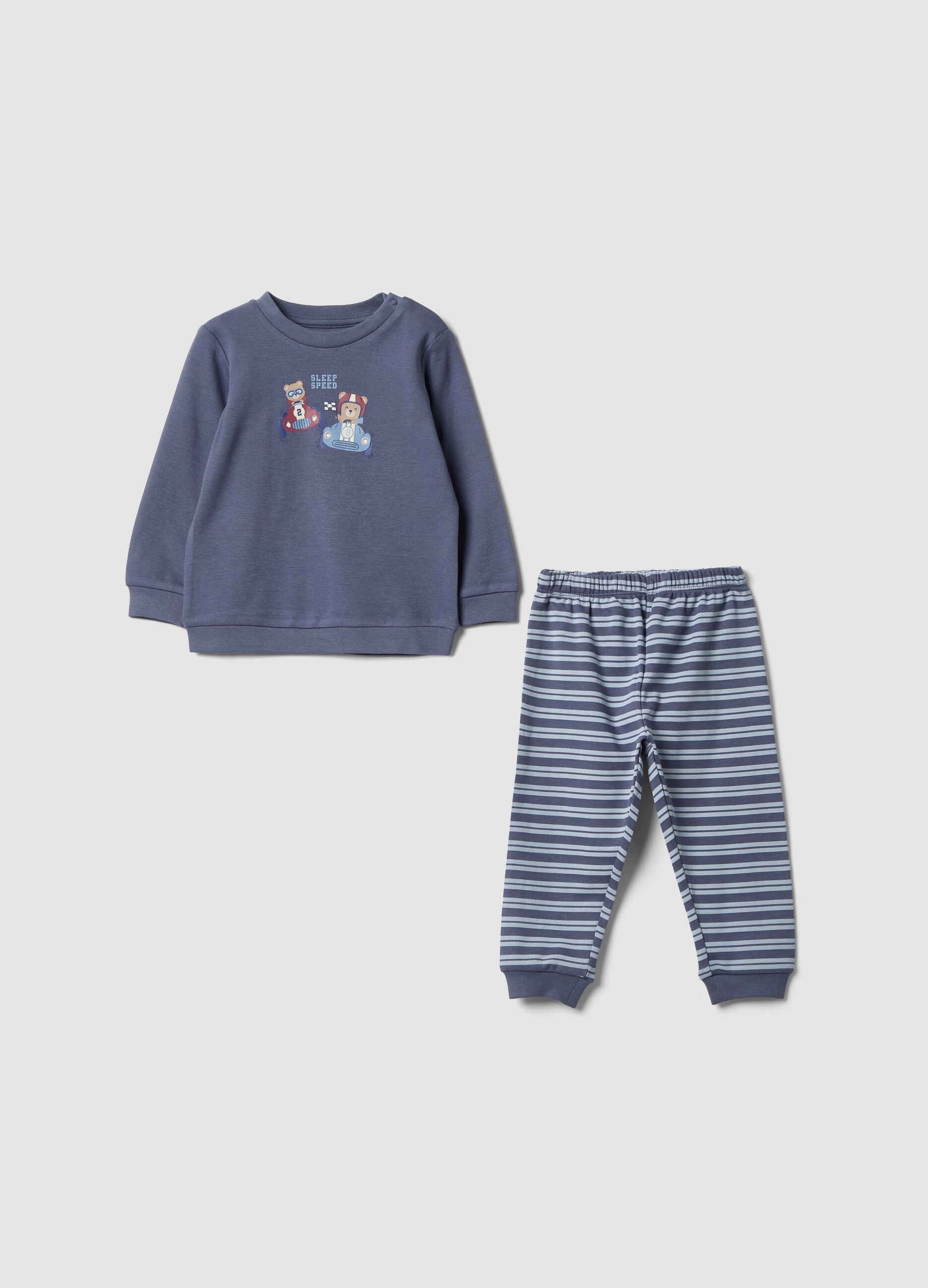 Purple organic cotton pyjamas with striped top and trousers for baby and toddler