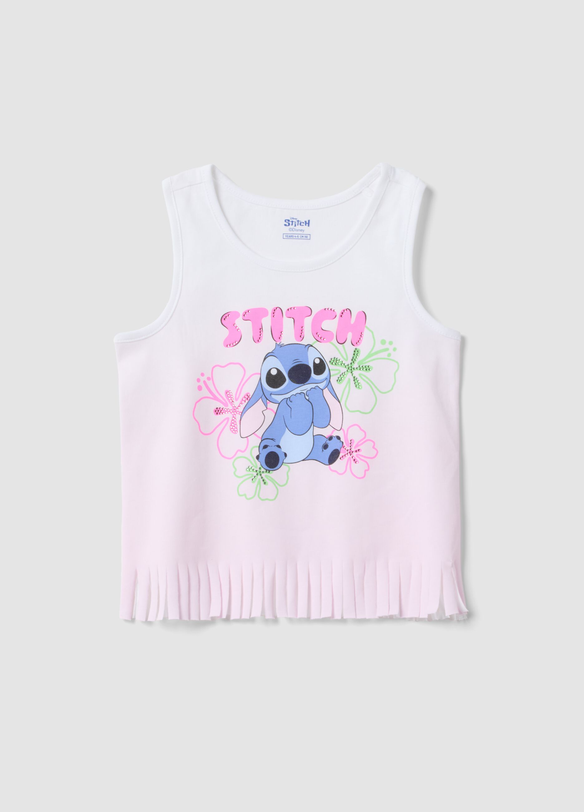 White and pink pure cotton girls&rsquo; vest top with fringes and Stitch