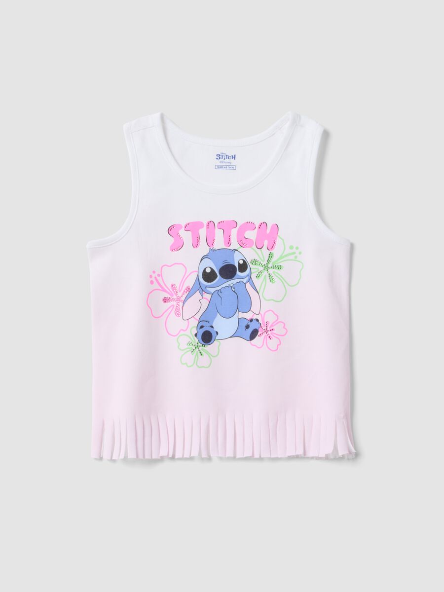 White and pink pure cotton girls&rsquo; vest top with fringes and Stitch_0