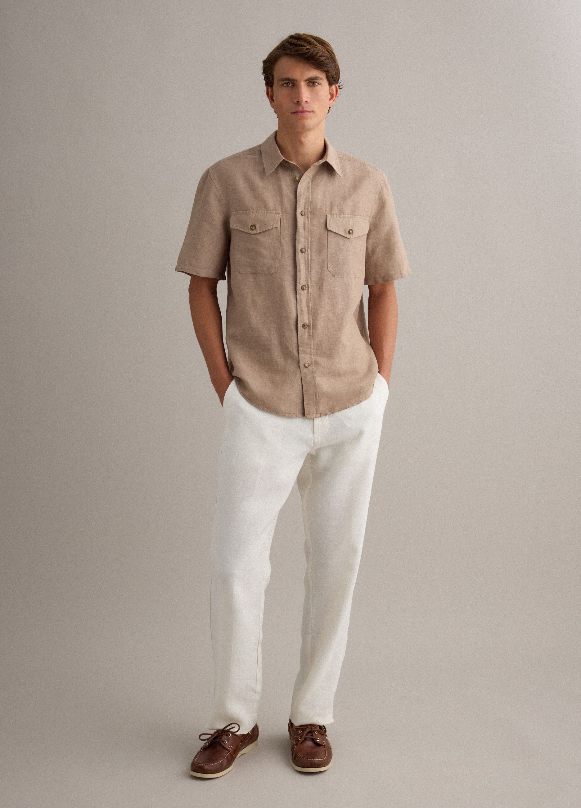 Beige Linen-Cotton Blend Regular Fit Shirt