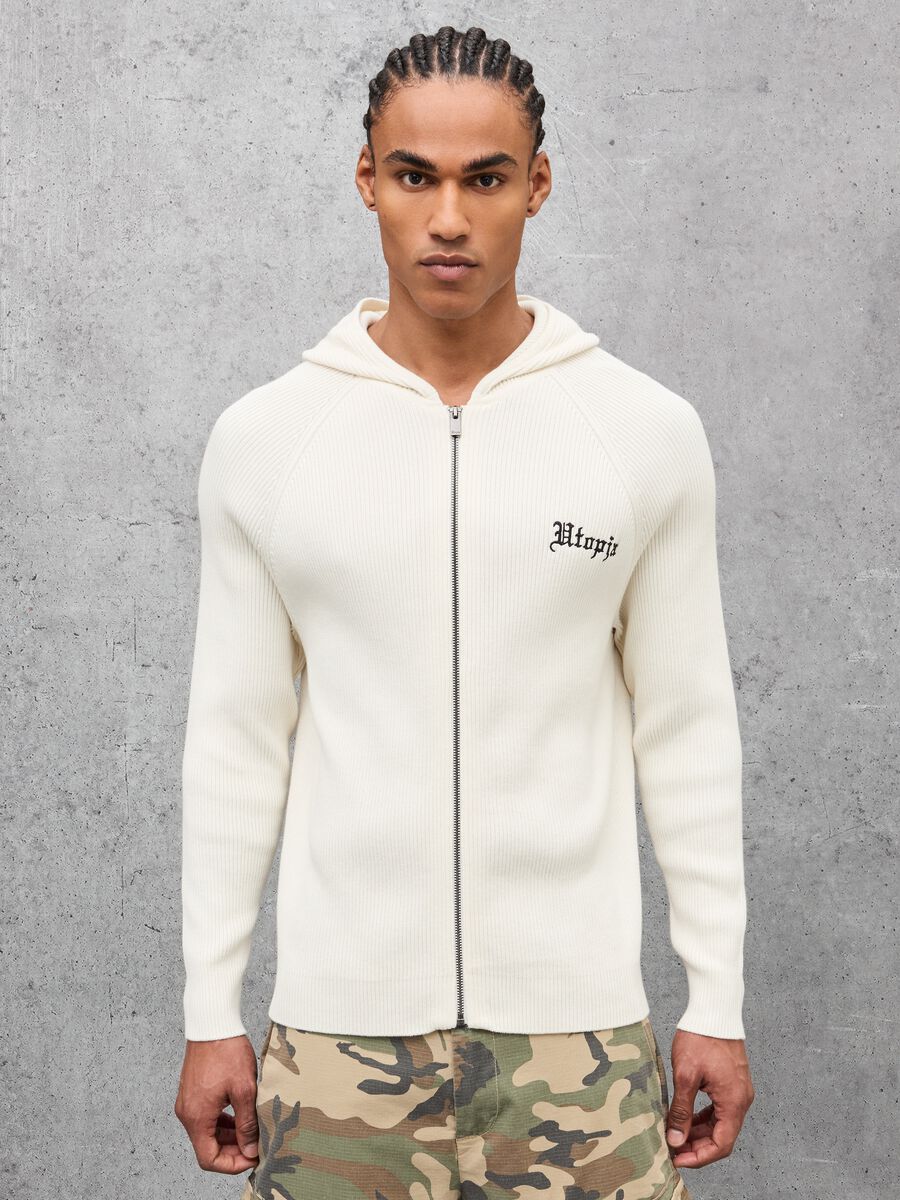 Camisola de Capuz em Malha Canelada Branca_0