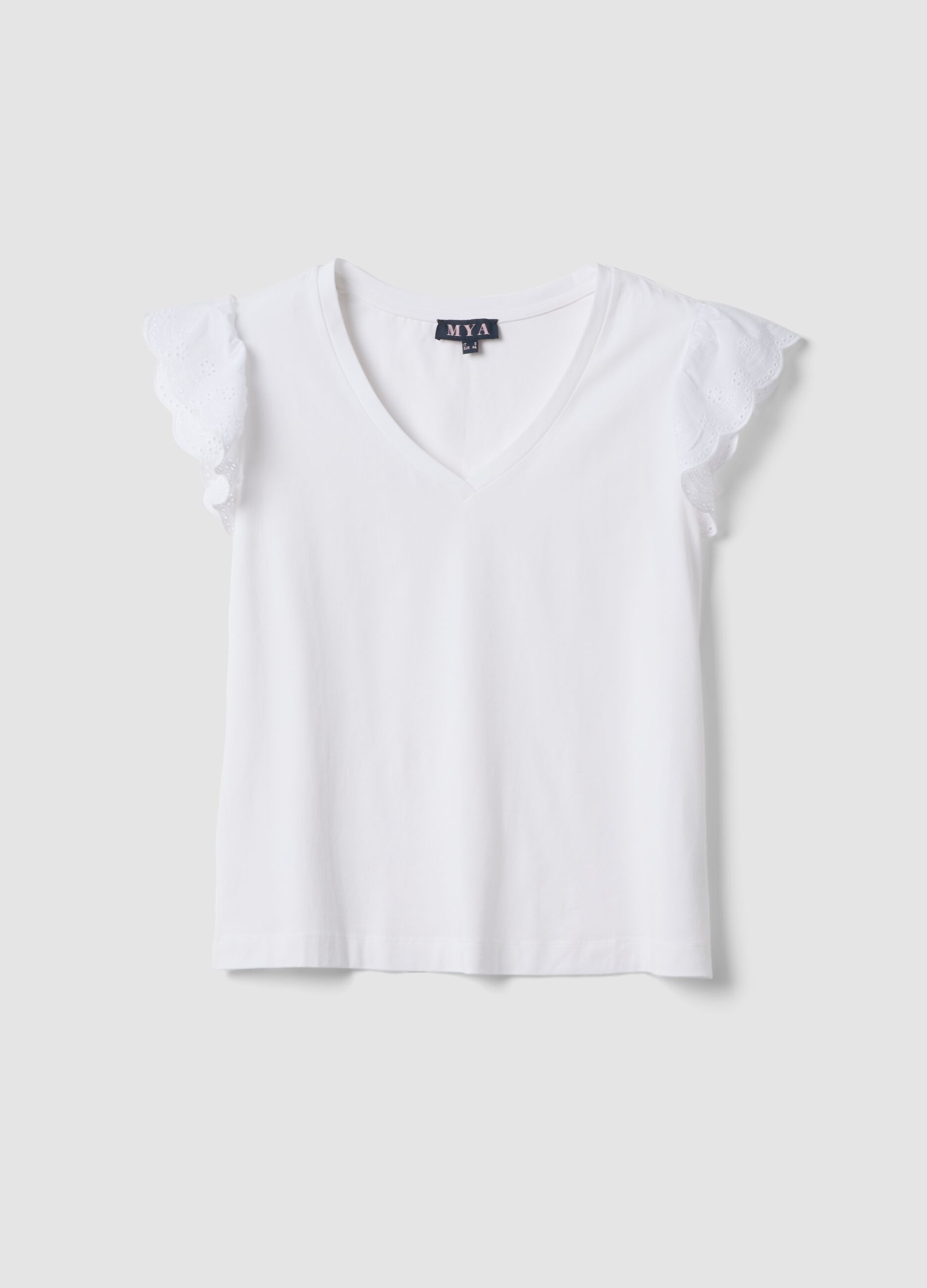 T-shirt bianca in cotone elasticizzato con maniche volant regular fit