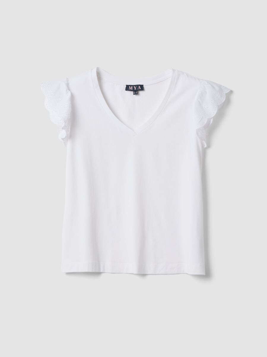 T-shirt bianca in cotone elasticizzato con maniche volant regular fit_4