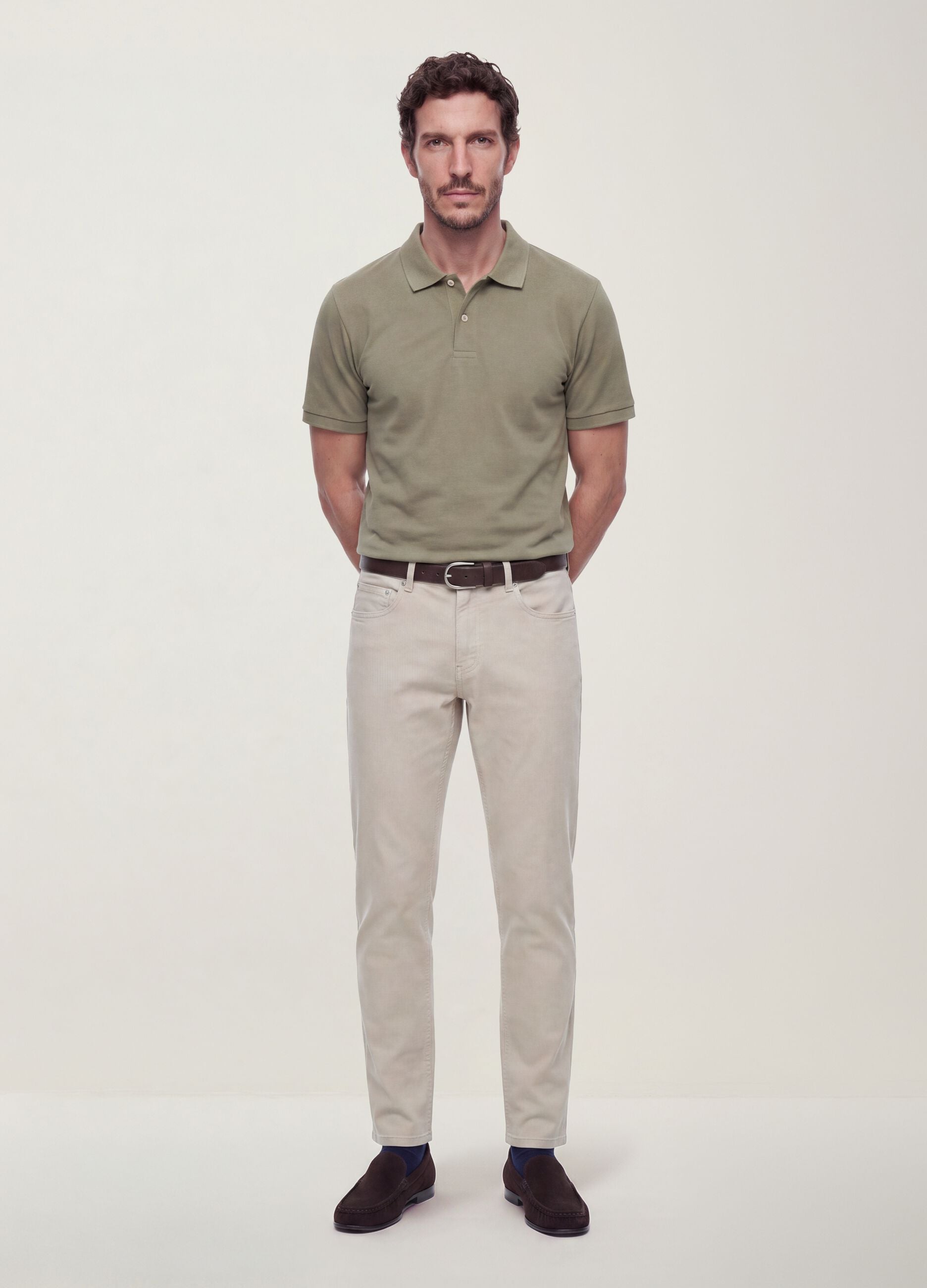 Pantaloni beige in dobby di cotone elasticizzato slim fit