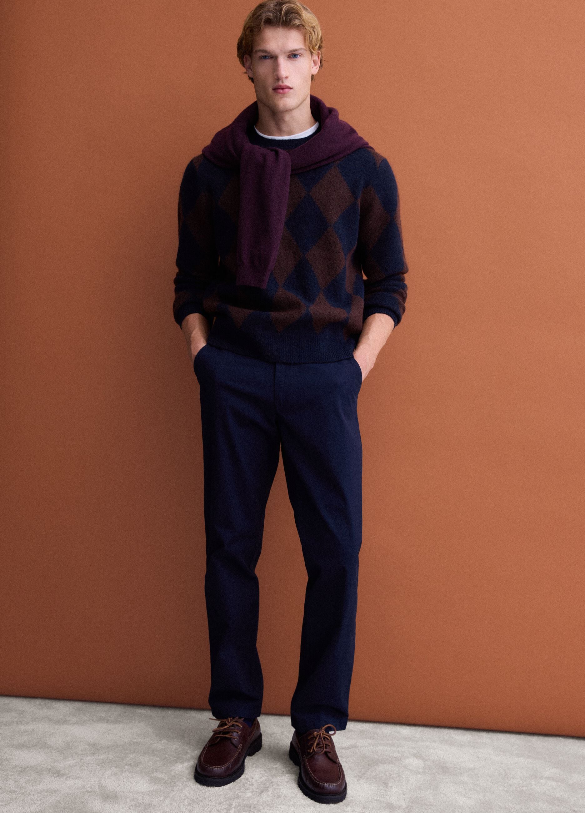 Blue and brown stretch wool jacquard jumper, regular fit
