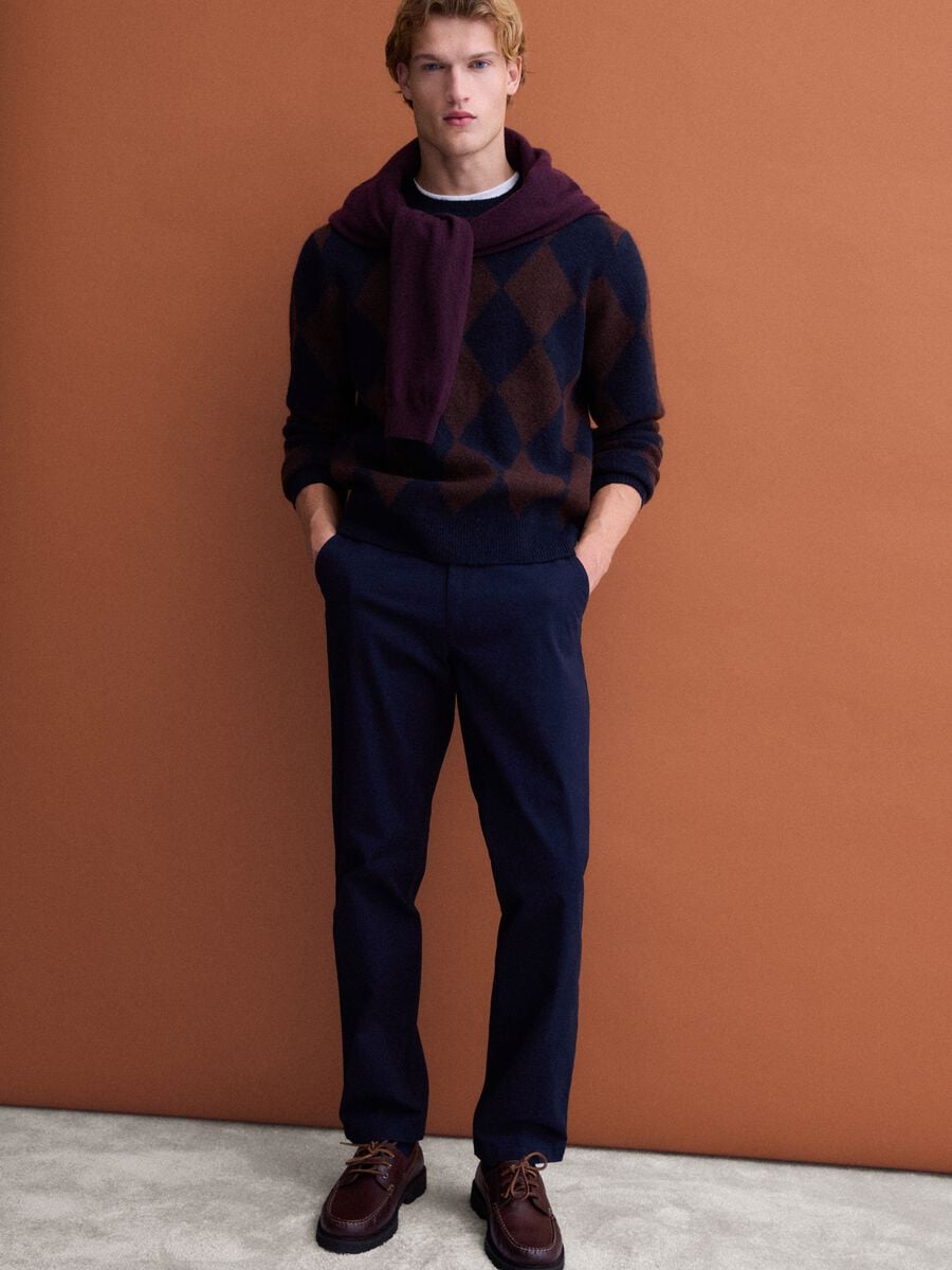 Blue and brown stretch wool jacquard jumper, regular fit_1