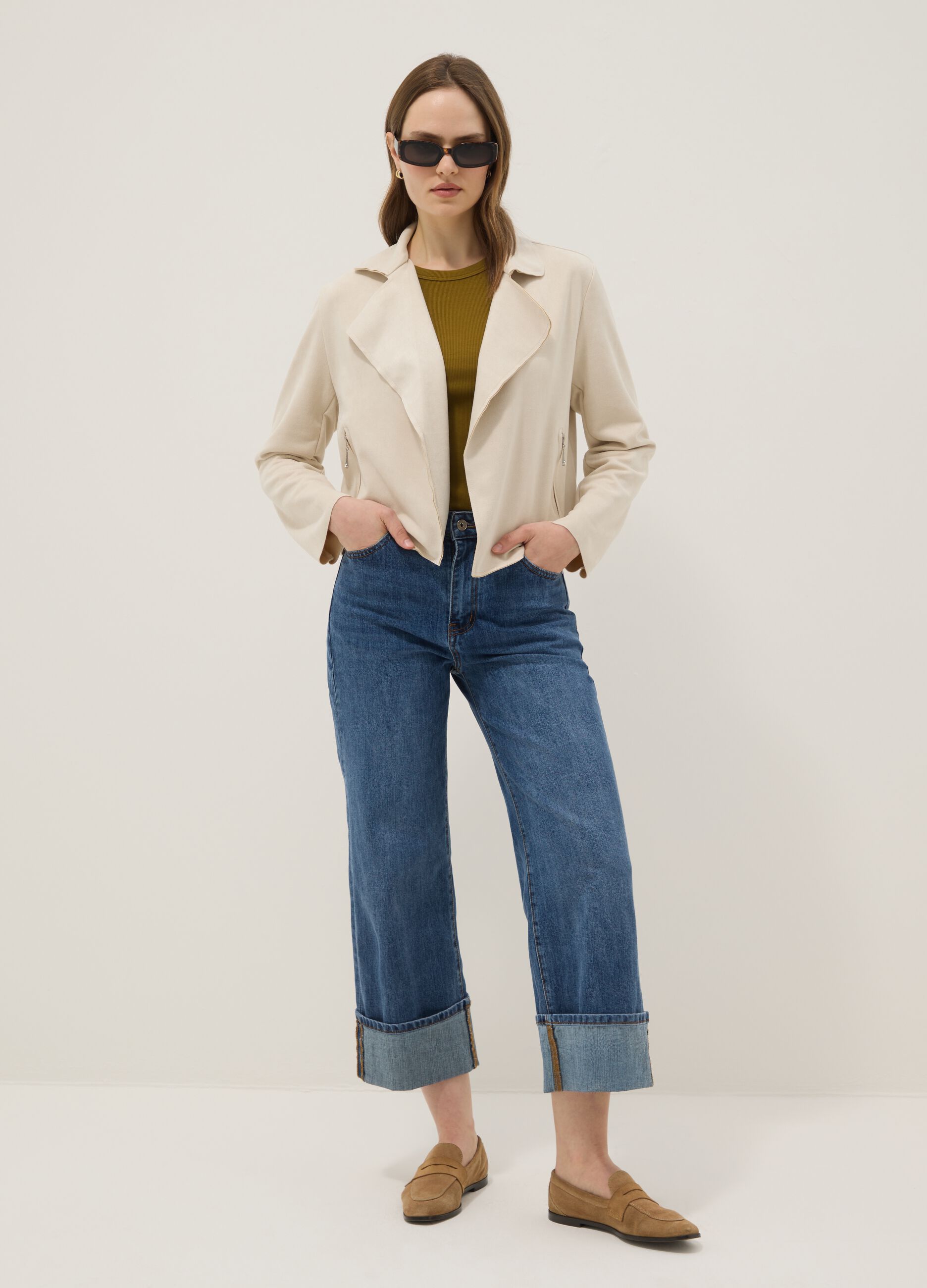 Beige pure cotton regular fit biker-style jacket