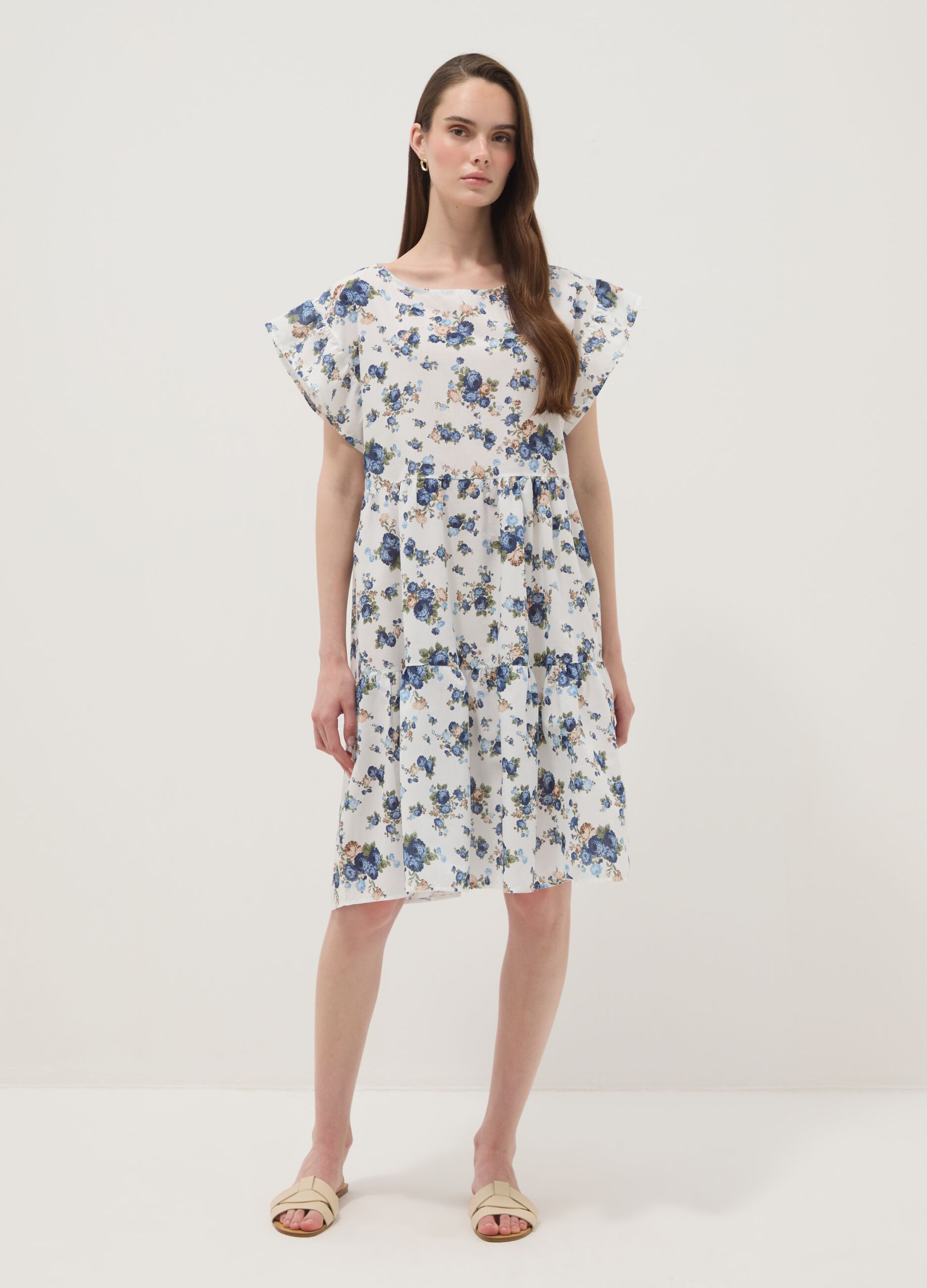 White pure cotton floral dress with ruffle sleeves