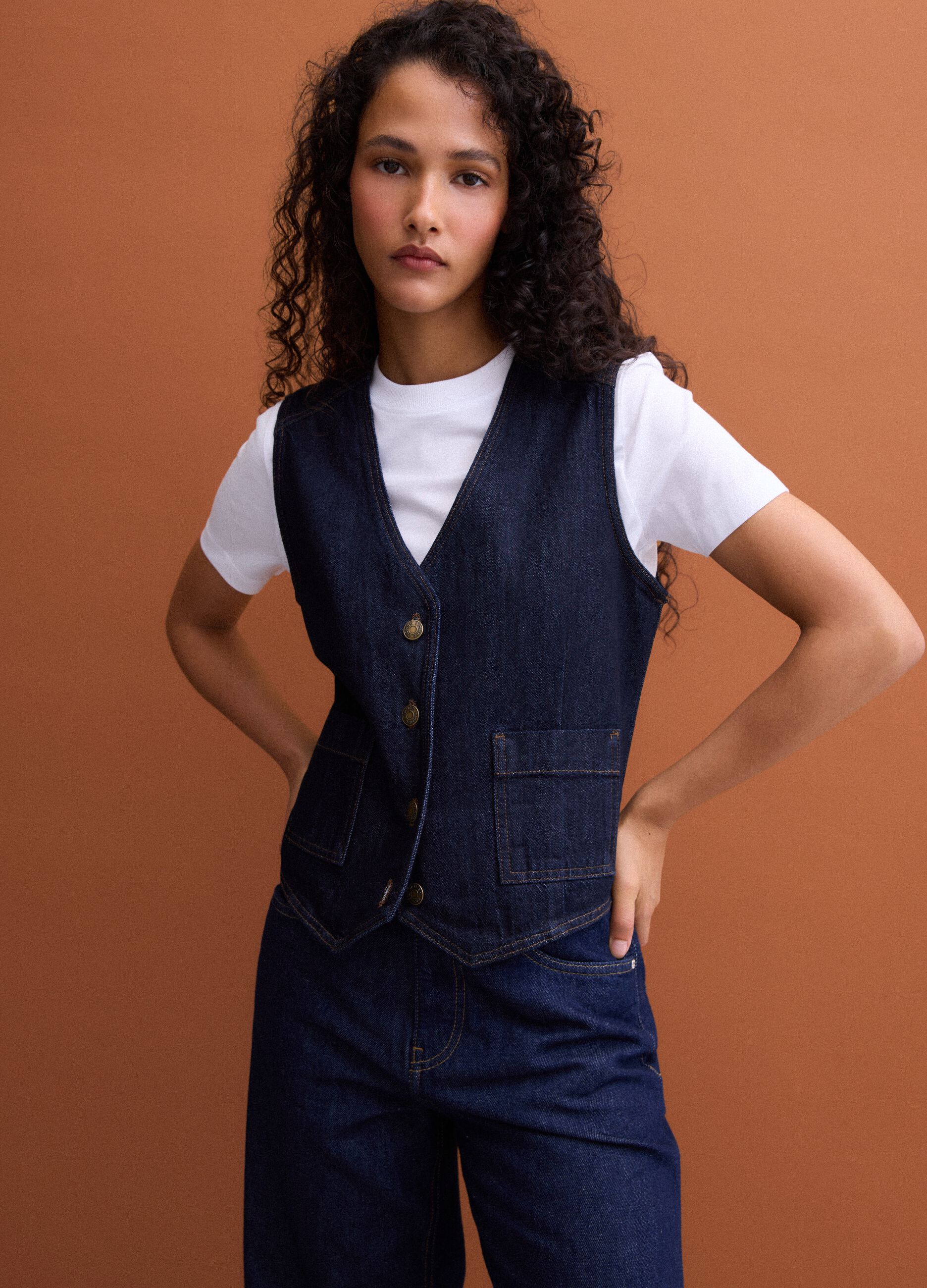 Blue pure cotton denim waistcoat with buttons, regular fit
