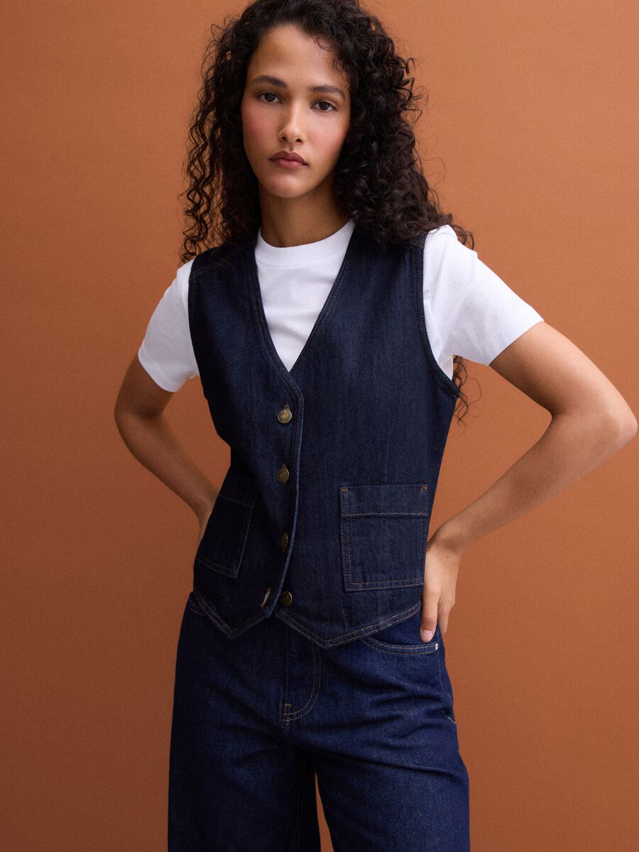 Blue pure cotton denim waistcoat with buttons, regular fit_1