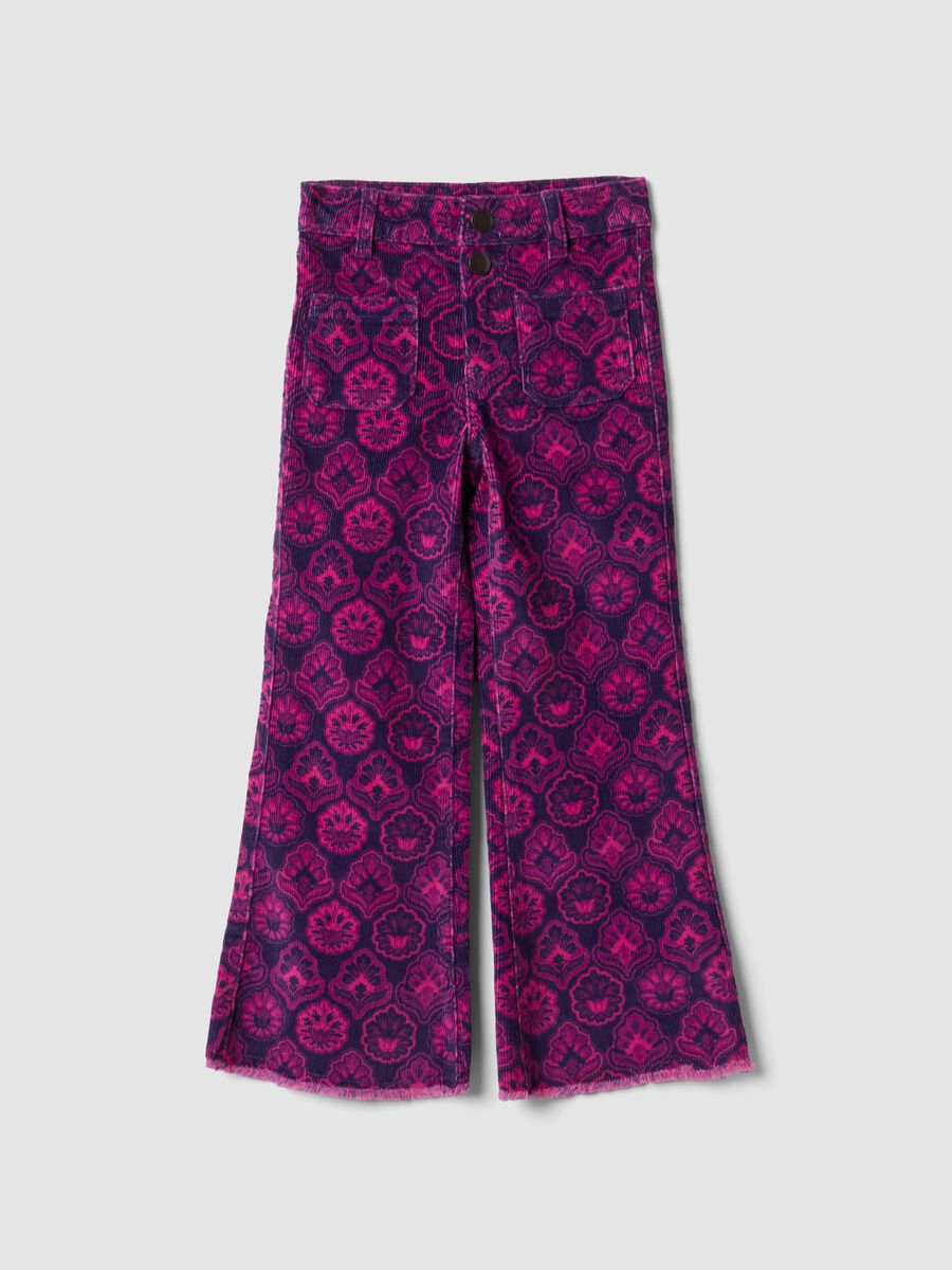 Purple flared ribbed stretch-cotton trousers with floral print_0