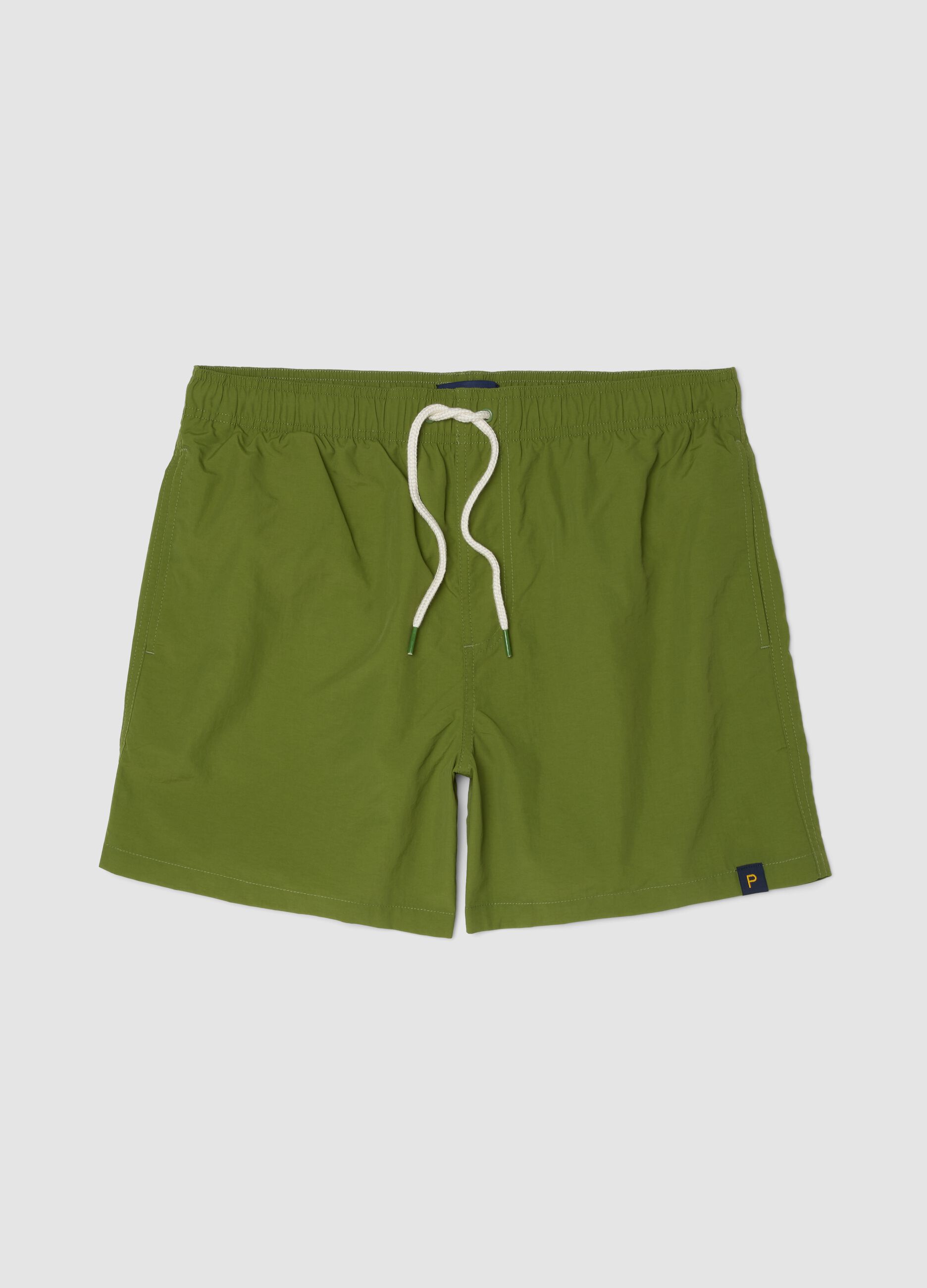 Green swim shorts with elasticated waistband and drawstring
