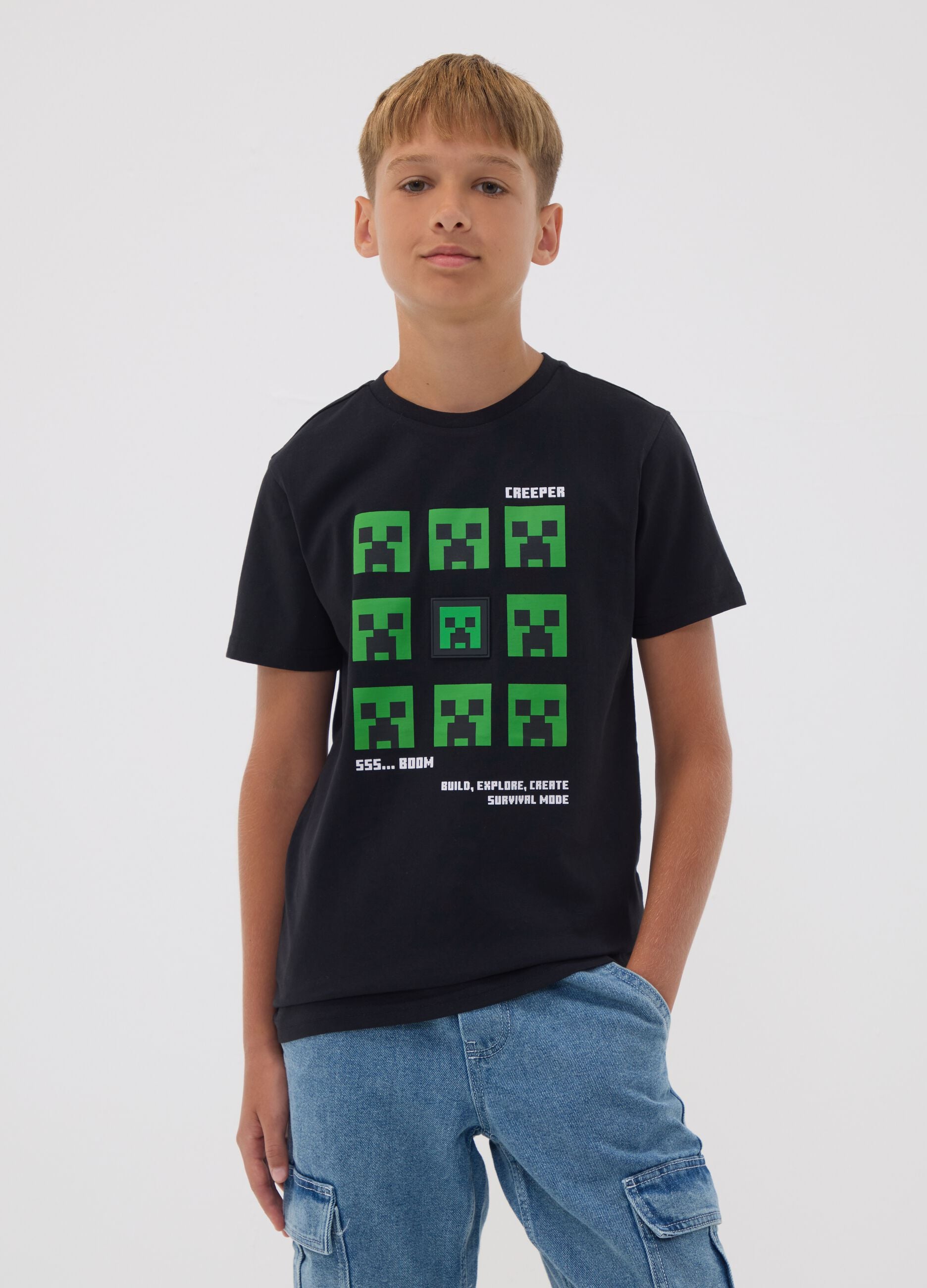 Schwarzes T-Shirt aus reiner Baumwolle mit Minecraft-Print f&uuml;r Jungen
