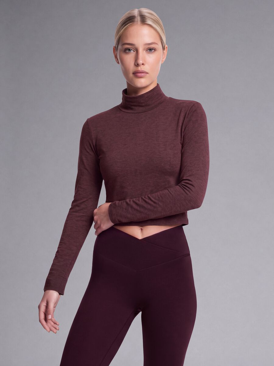 Purple cropped stretch T-shirt with high neck_2